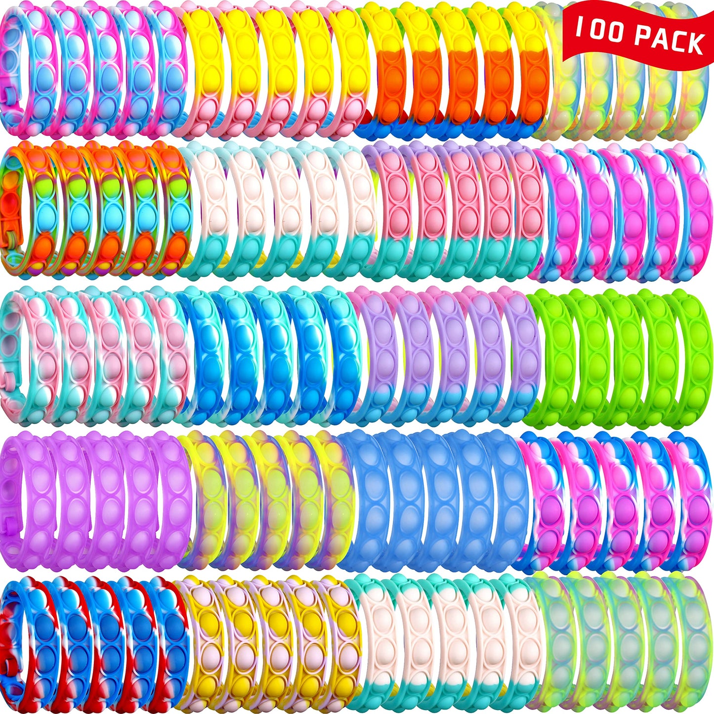 DOPWQAA 100PCS Pop Fidget Bracelets Bulk Pack – Adjustable Multicolor Wristbands