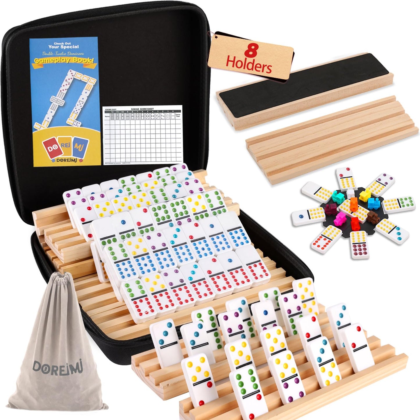 Doreimi Mexican Train Dominoes Set — 91 Tiles, 8 Wooden Holders, Travel Case