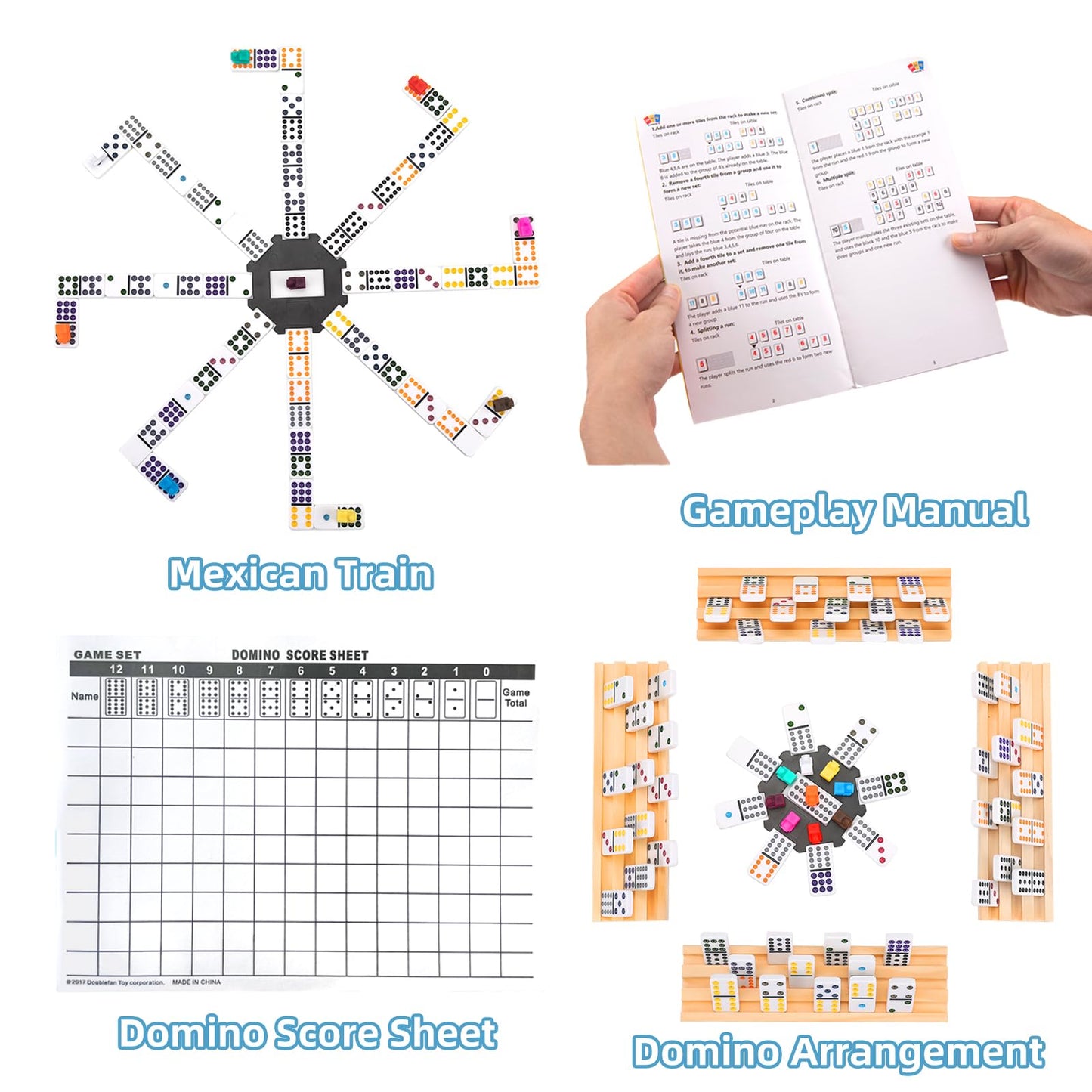 Doreimi Mexican Train Dominoes Set — 91 Tiles, 8 Wooden Holders, Travel Case