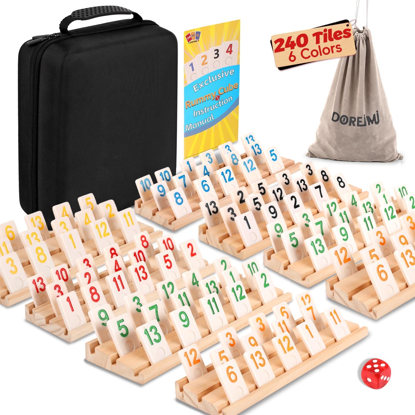 Doreimi Deluxe Rummy Cube Game Set – 6-8 Players, 240 Melamine Tiles, 8 Wooden Racks
