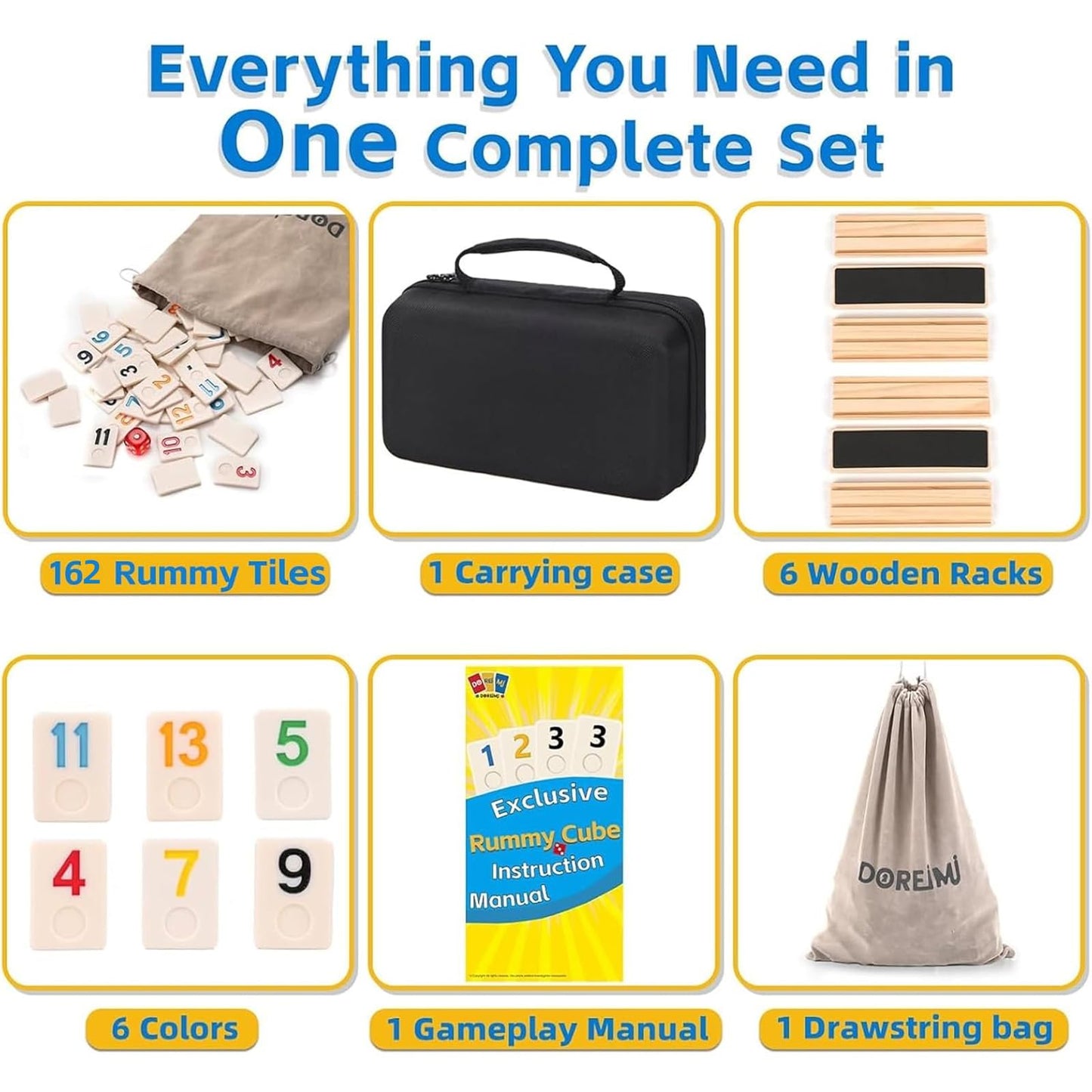 Doreimi Premium Rummy Cube Game Set – 6 Colors, 162 Tiles, Wooden Racks