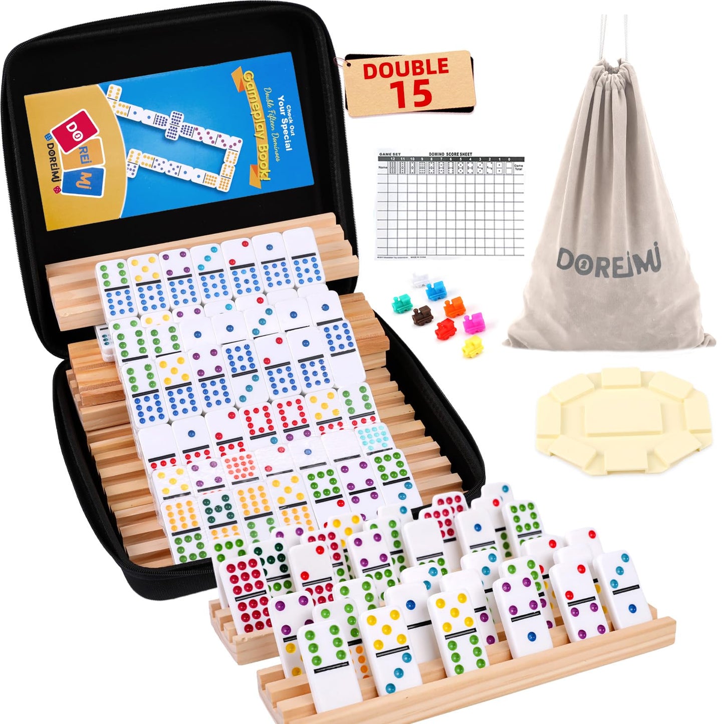 Doreimi Double 15 Mexican Train Dominoes Set – 136 Tiles, 8 Wooden Holders, Travel Case