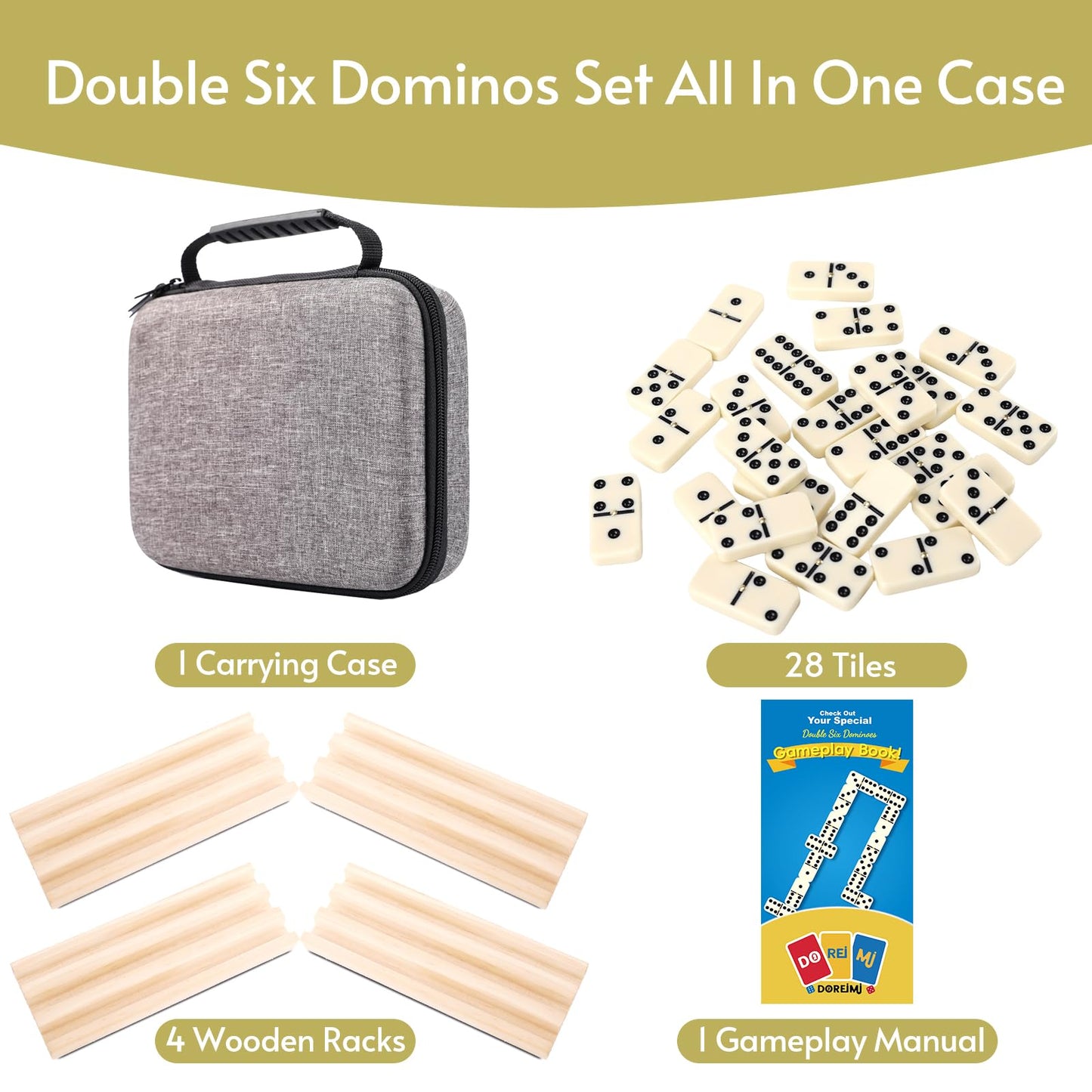 Doreimi Double 6 Dominoes Set for Adults – 28 Tiles, 4 Wooden Racks, Travel-Friendly