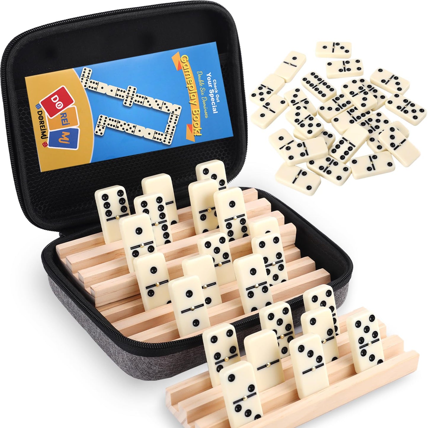 Doreimi Double 6 Dominoes Set for Adults – 28 Tiles, 4 Wooden Racks, Travel-Friendly