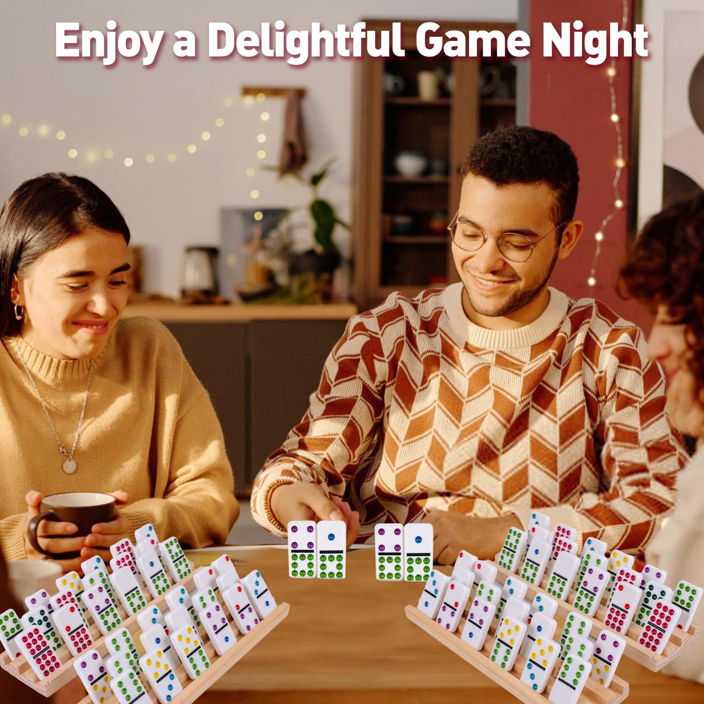 Doreimi Double 15 Mexican Train Dominoes Set – 136 Tiles, 8 Wooden Holders, Travel Case