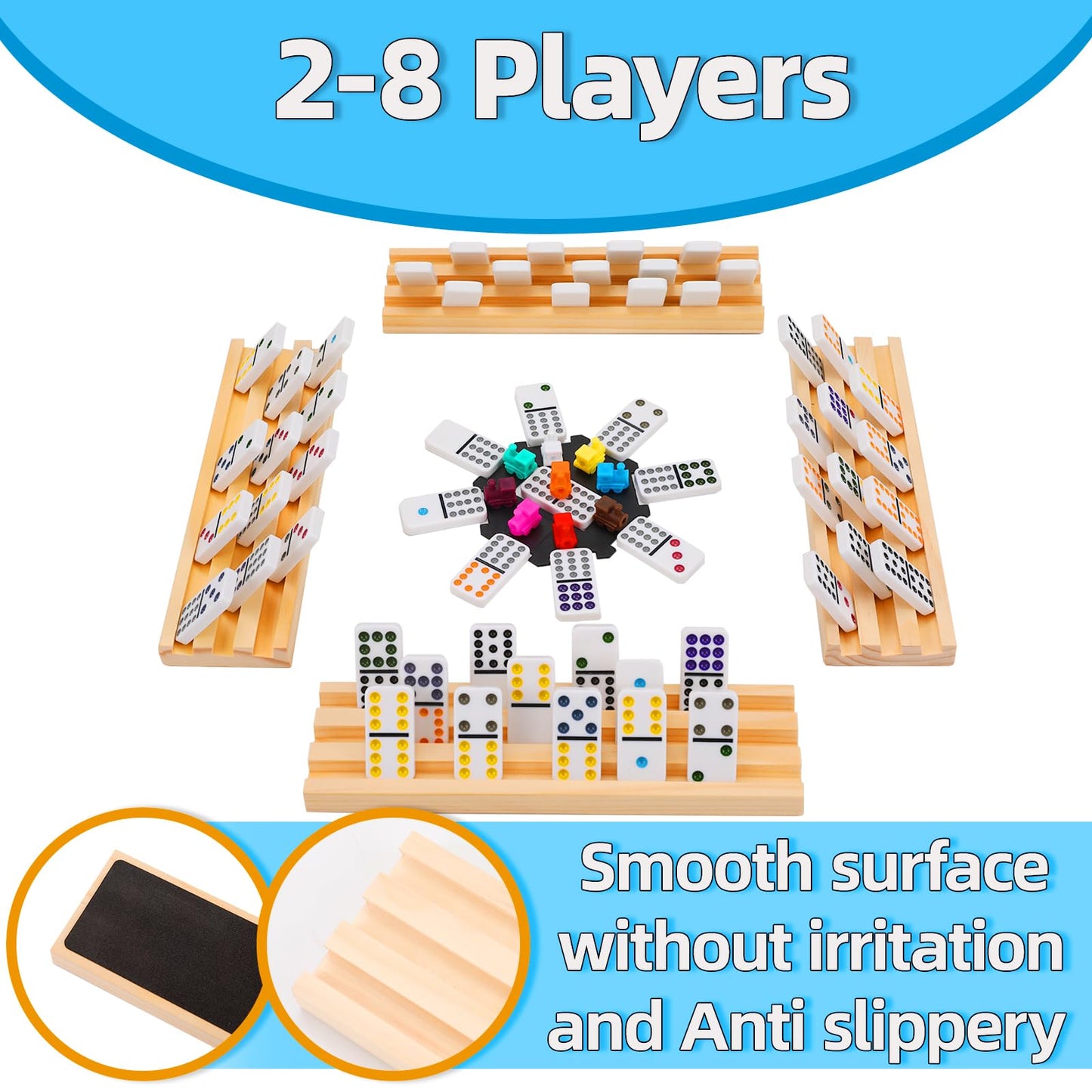 Doreimi Mexican Train Dominoes Set — 91 Tiles, 8 Wooden Holders, Travel Case