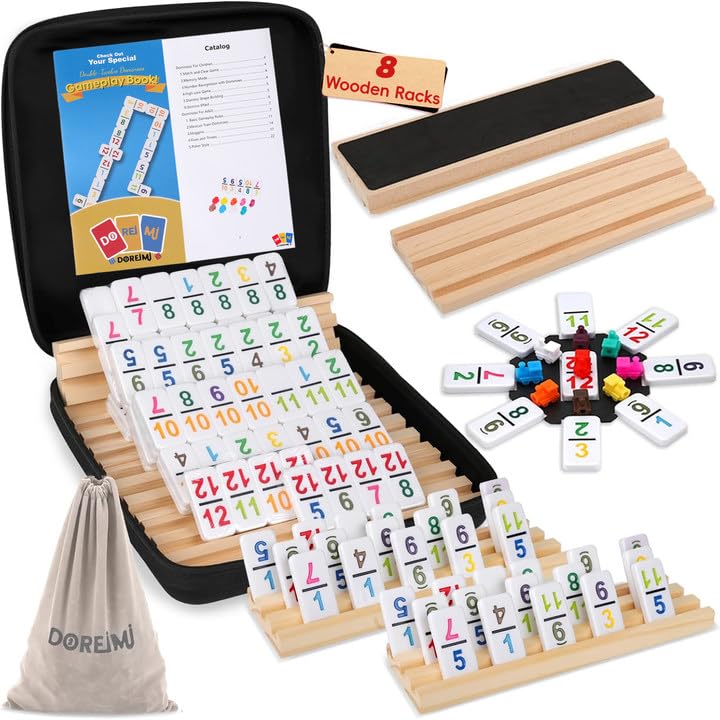 Doreimi Mexican Train Dominoes Set – 91 Tiles, 8 Wooden Holders, Double-12 Travel Domino Game, Portable Case