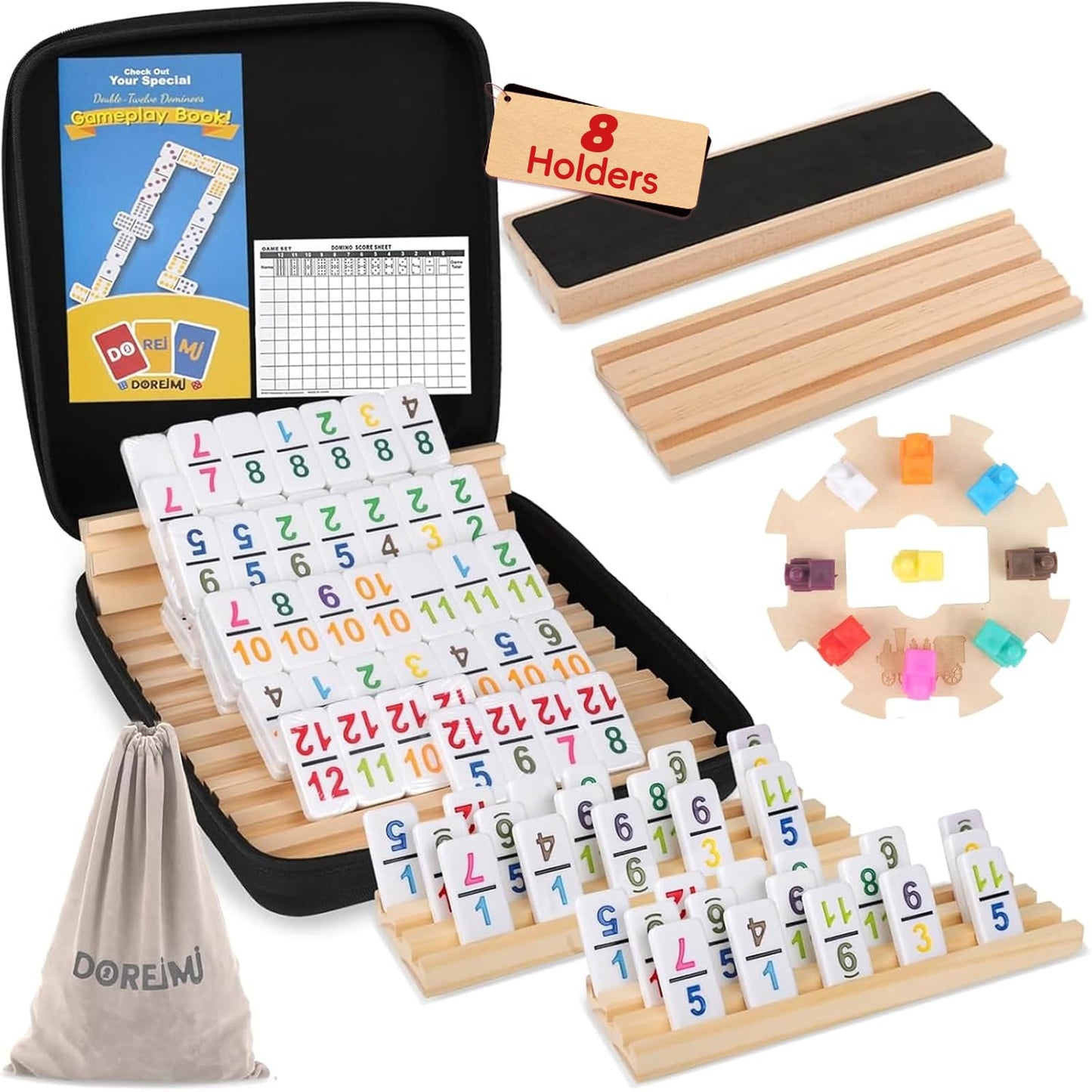 Doreimi Mexican Train Dominoes Set: 91 Tiles, 8 Holders, Travel Ready