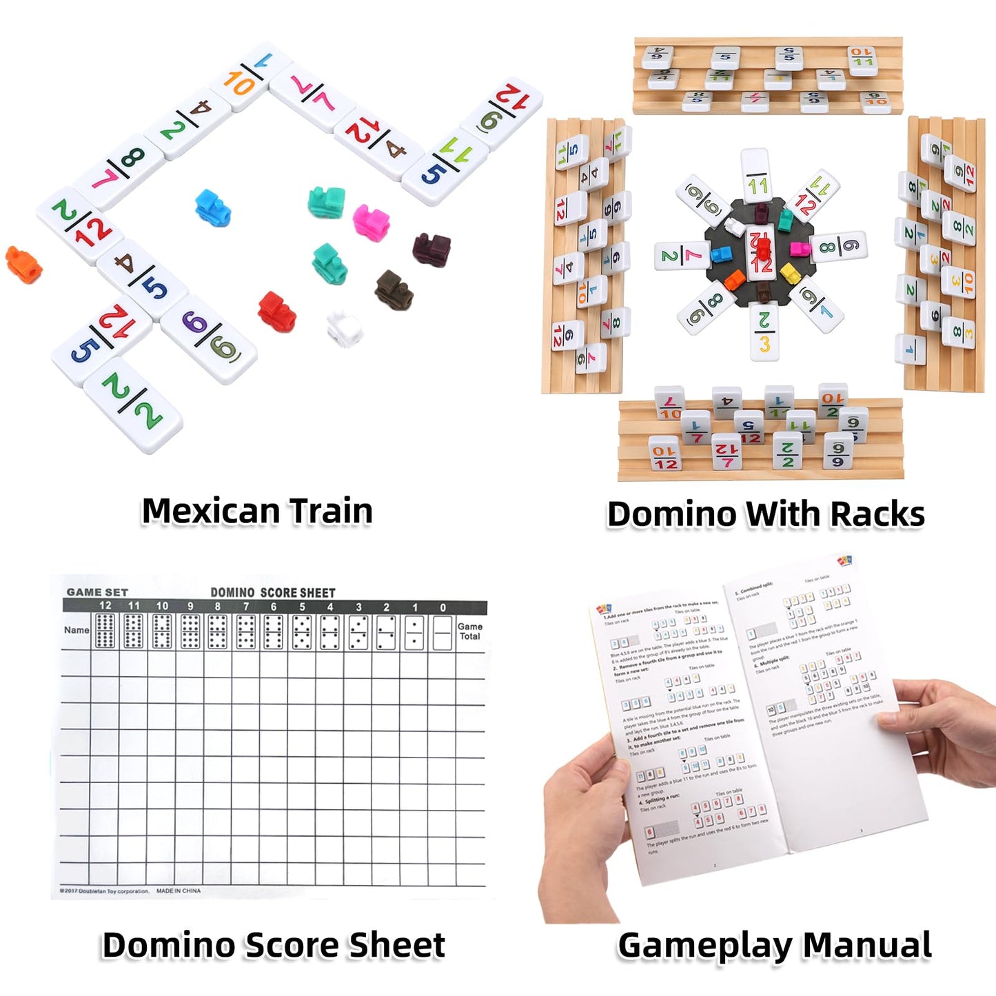 Doreimi Mexican Train Dominoes Set – 91 Tiles, 8 Wooden Holders, Double-12 Travel Domino Game, Portable Case