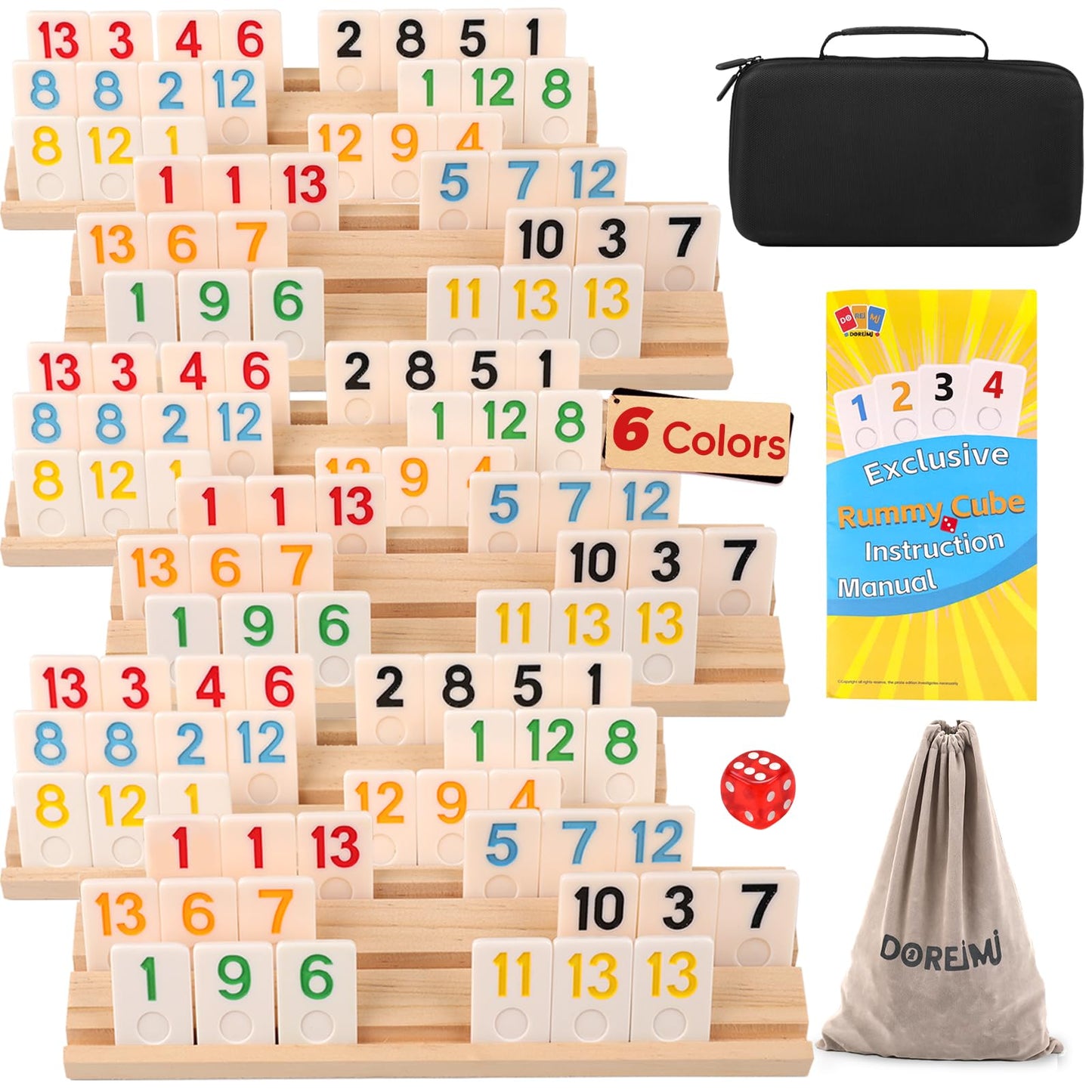 Doreimi Premium Rummy Cube Game Set – 6 Colors, 162 Tiles, Wooden Racks