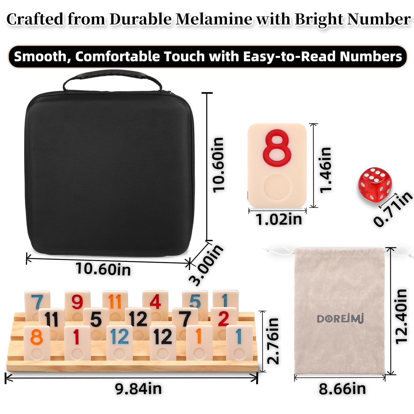 Doreimi Upgraded Rummy Cube Game — 214 Tiles, 8 Racks, Travel Case for 6-8 Players