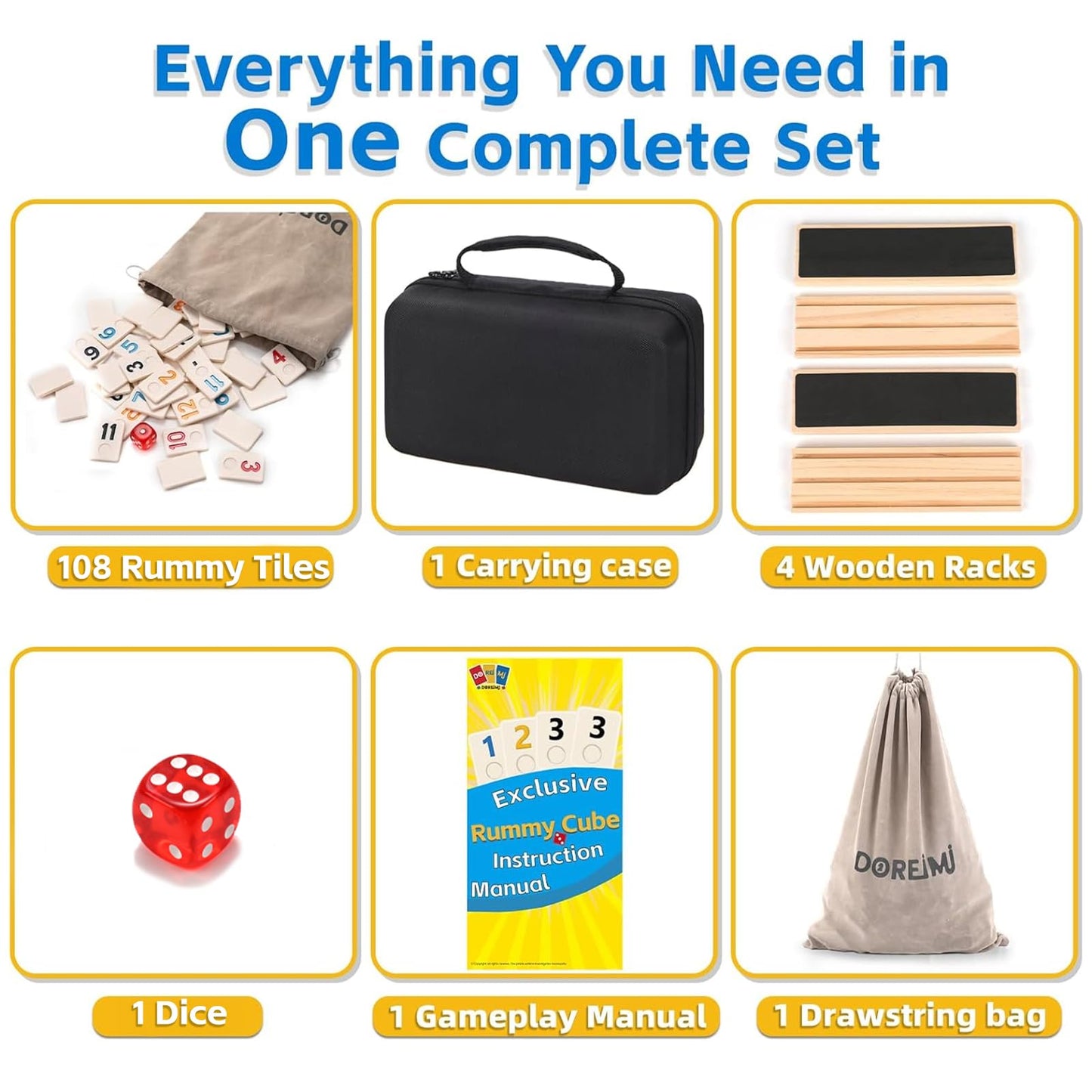 Doreimi Upgraded Rummy Cube – 4 Players Travel Family Board Game (108 Tiles + 4 Racks)