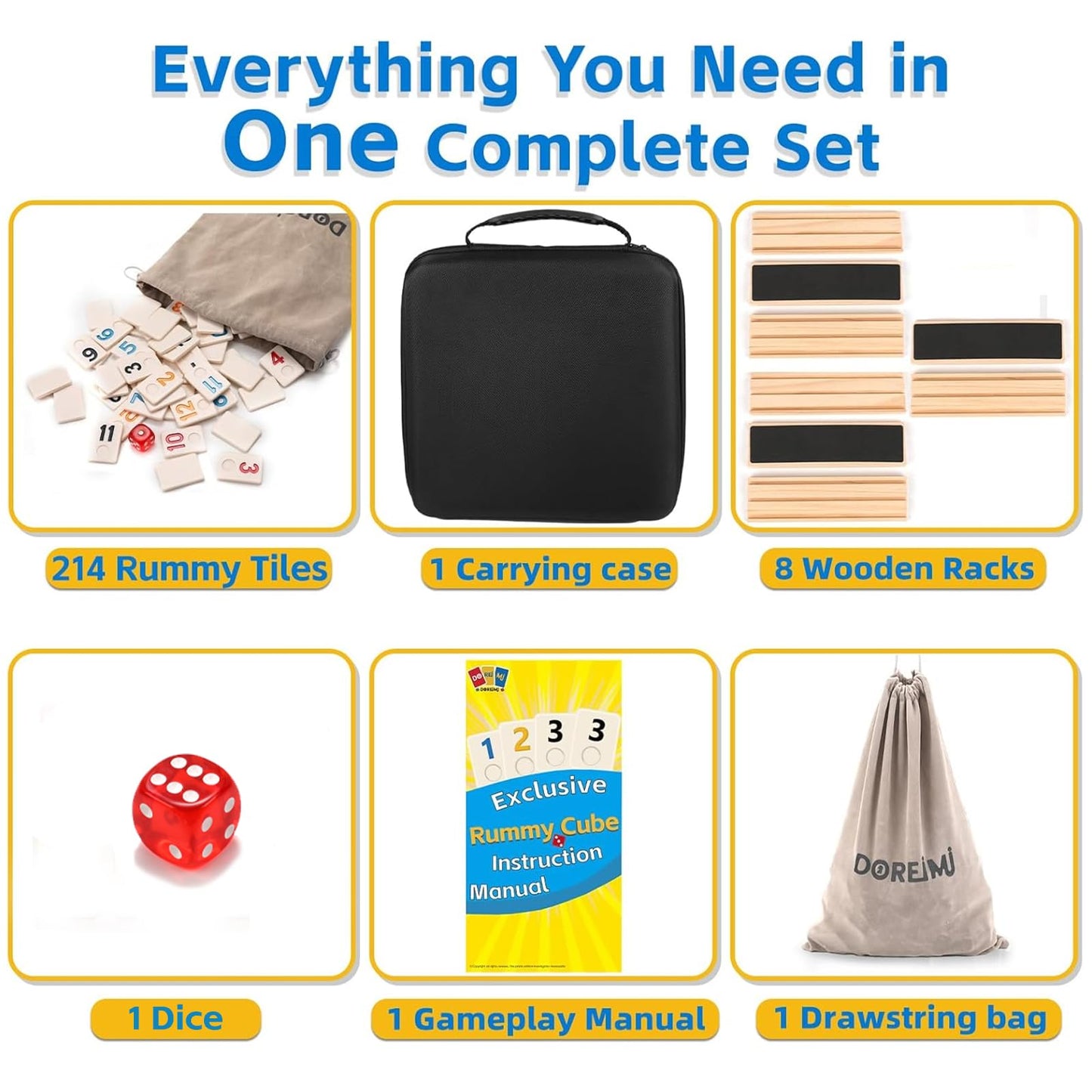 Doreimi Upgraded Rummy Cube Game — 214 Tiles, 8 Racks, Travel Case for 6-8 Players