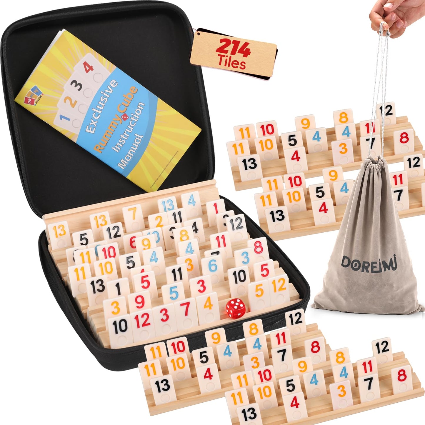 Doreimi Upgraded Rummy Cube Game — 214 Tiles, 8 Racks, Travel Case for 6-8 Players