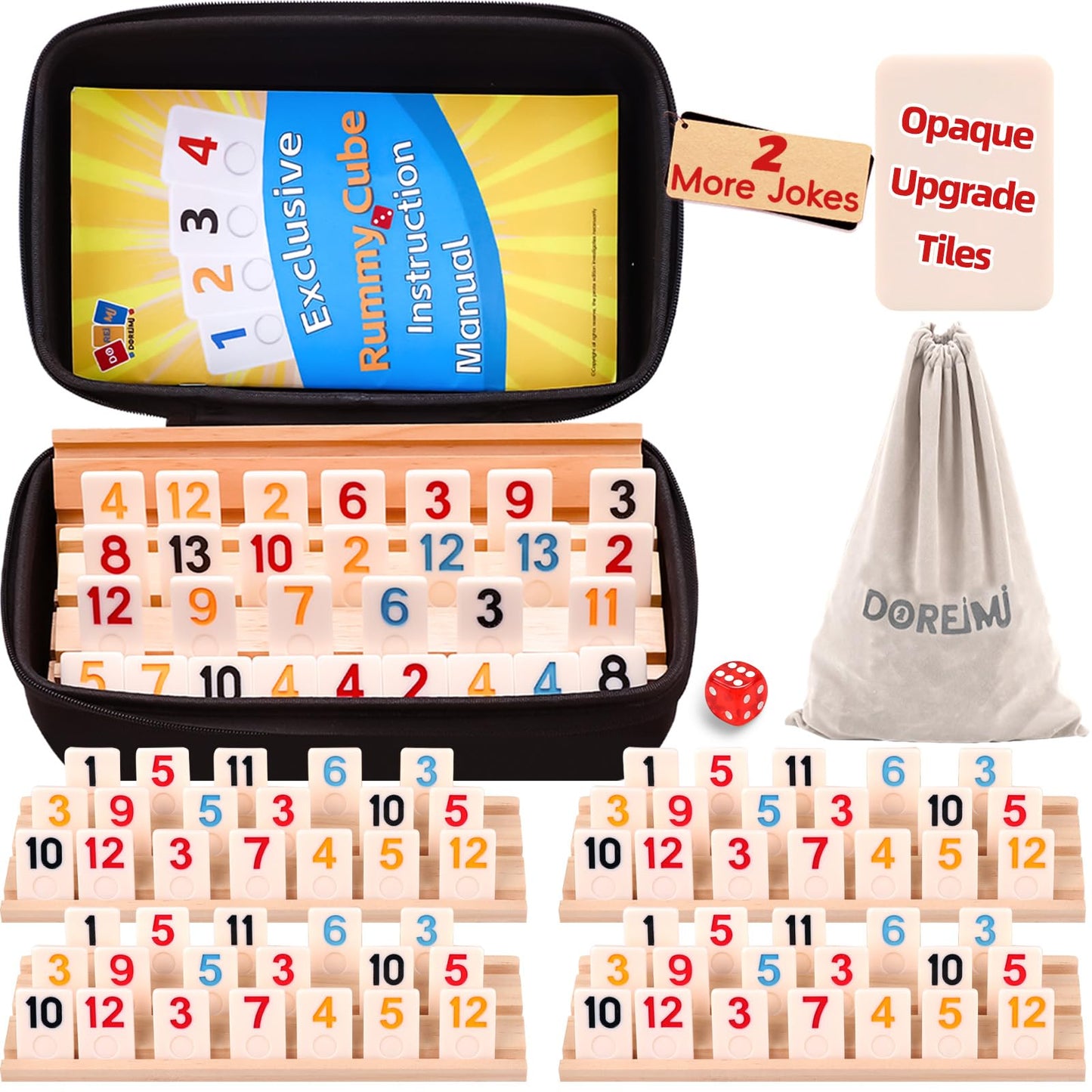 Doreimi Upgraded Rummy Cube – 4 Players Travel Family Board Game (108 Tiles + 4 Racks)