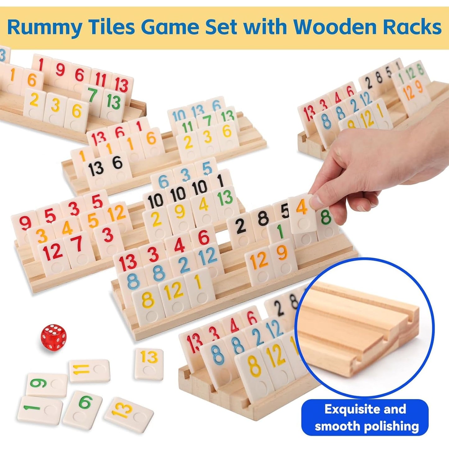 Doreimi Deluxe Rummy Cube Game Set – 6-8 Players, 240 Melamine Tiles, 8 Wooden Racks