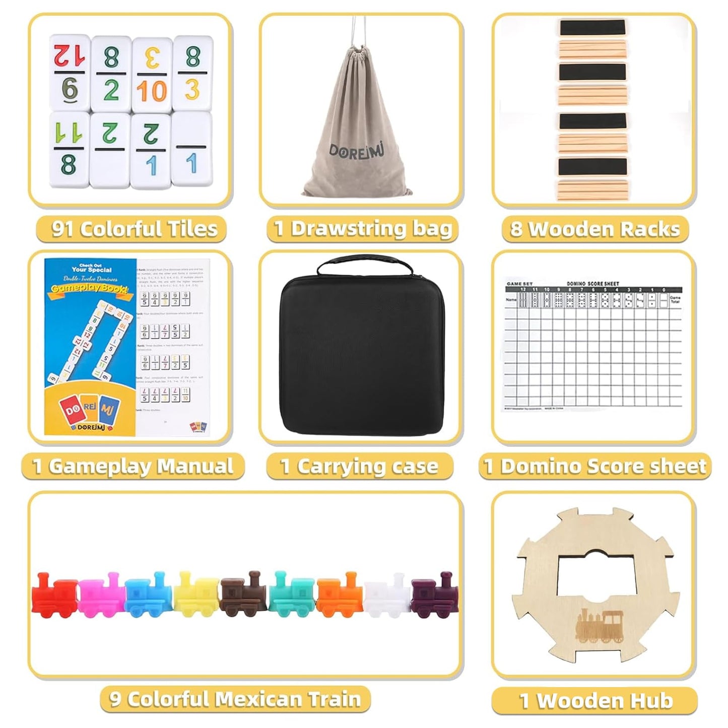 Doreimi Mexican Train Dominoes Set: 91 Tiles, 8 Holders, Travel Ready