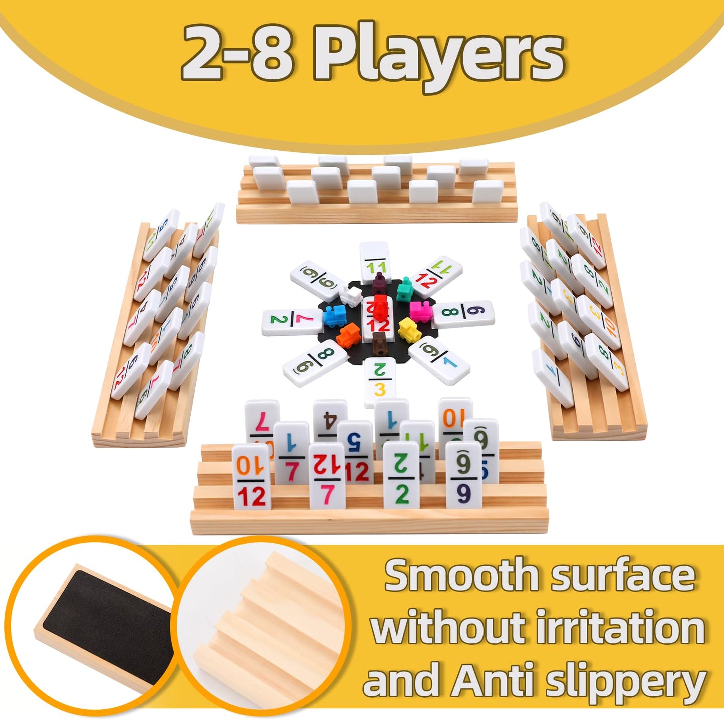 Doreimi Mexican Train Dominoes Set – 91 Tiles, 8 Wooden Holders, Double-12 Travel Domino Game, Portable Case