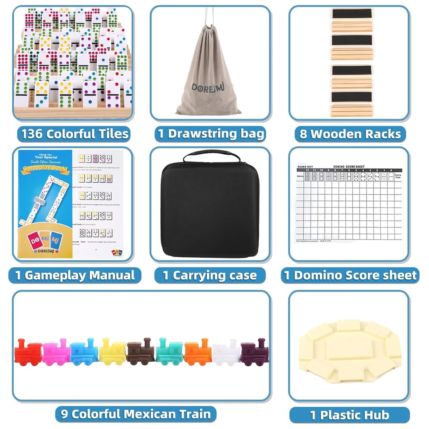 Doreimi Double 15 Mexican Train Dominoes Set – 136 Tiles, 8 Wooden Holders, Travel Case