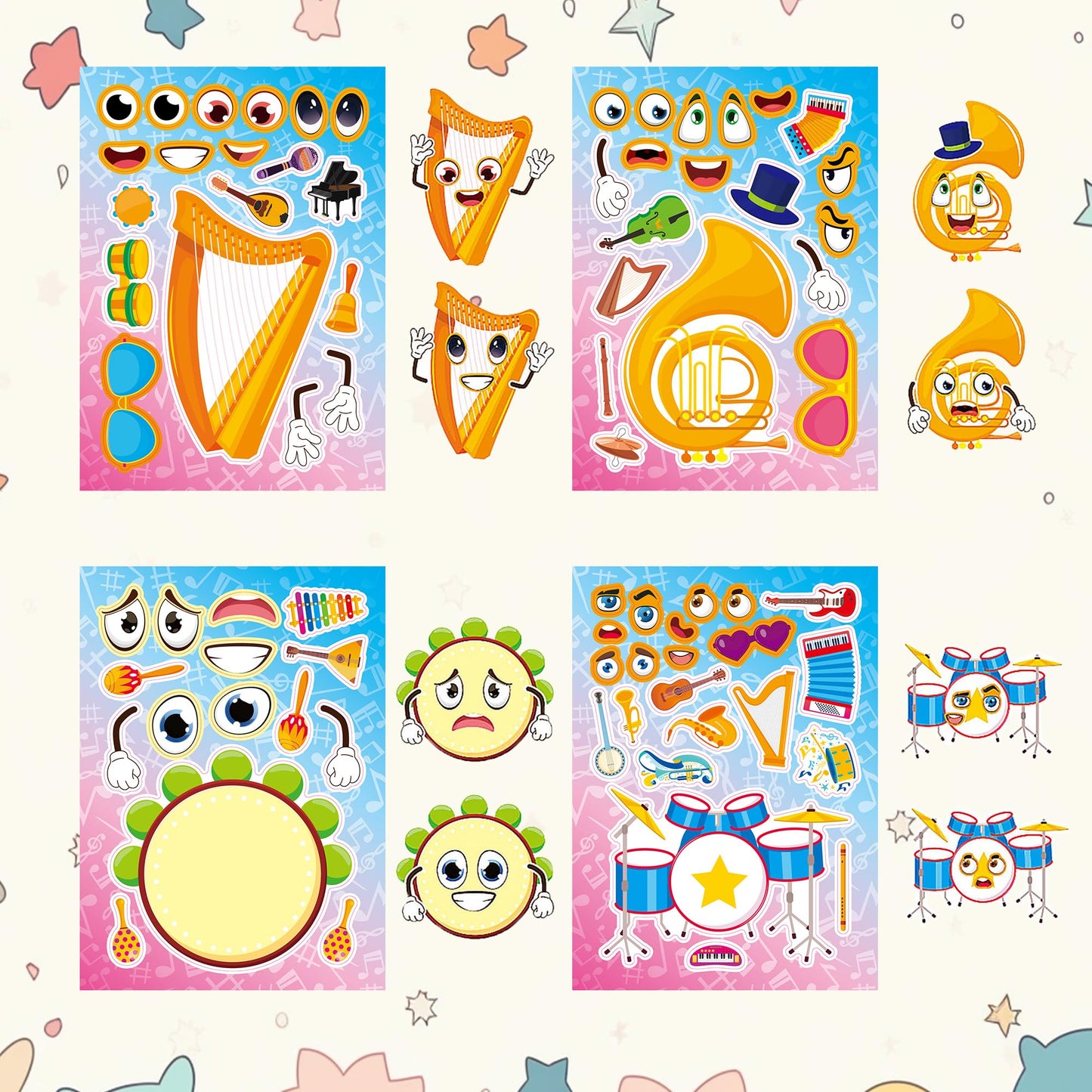 Dorgua Make-a-Face Instrument Stickers — 24 Sheets DIY Music Decor