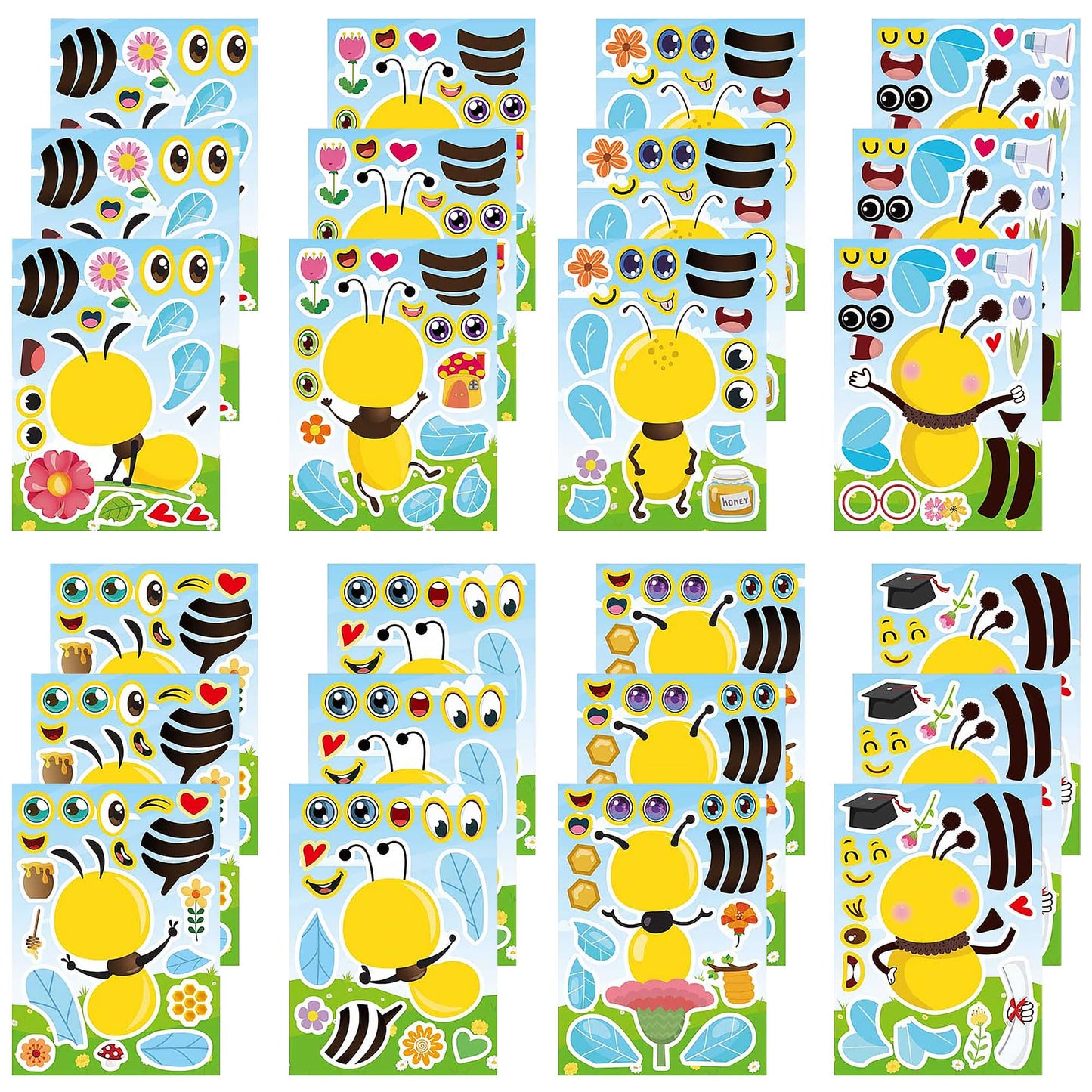 Dorgua Bee Make a Face Stickers – 24 Sheets Mix & Match DIY Bee Decor