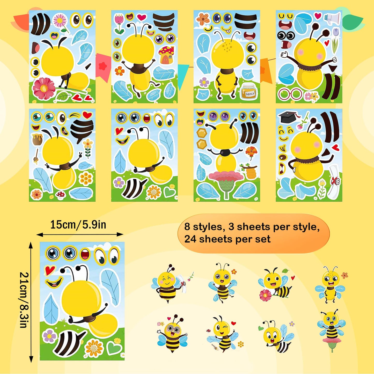 Dorgua Bee Make a Face Stickers – 24 Sheets Mix & Match DIY Bee Decor