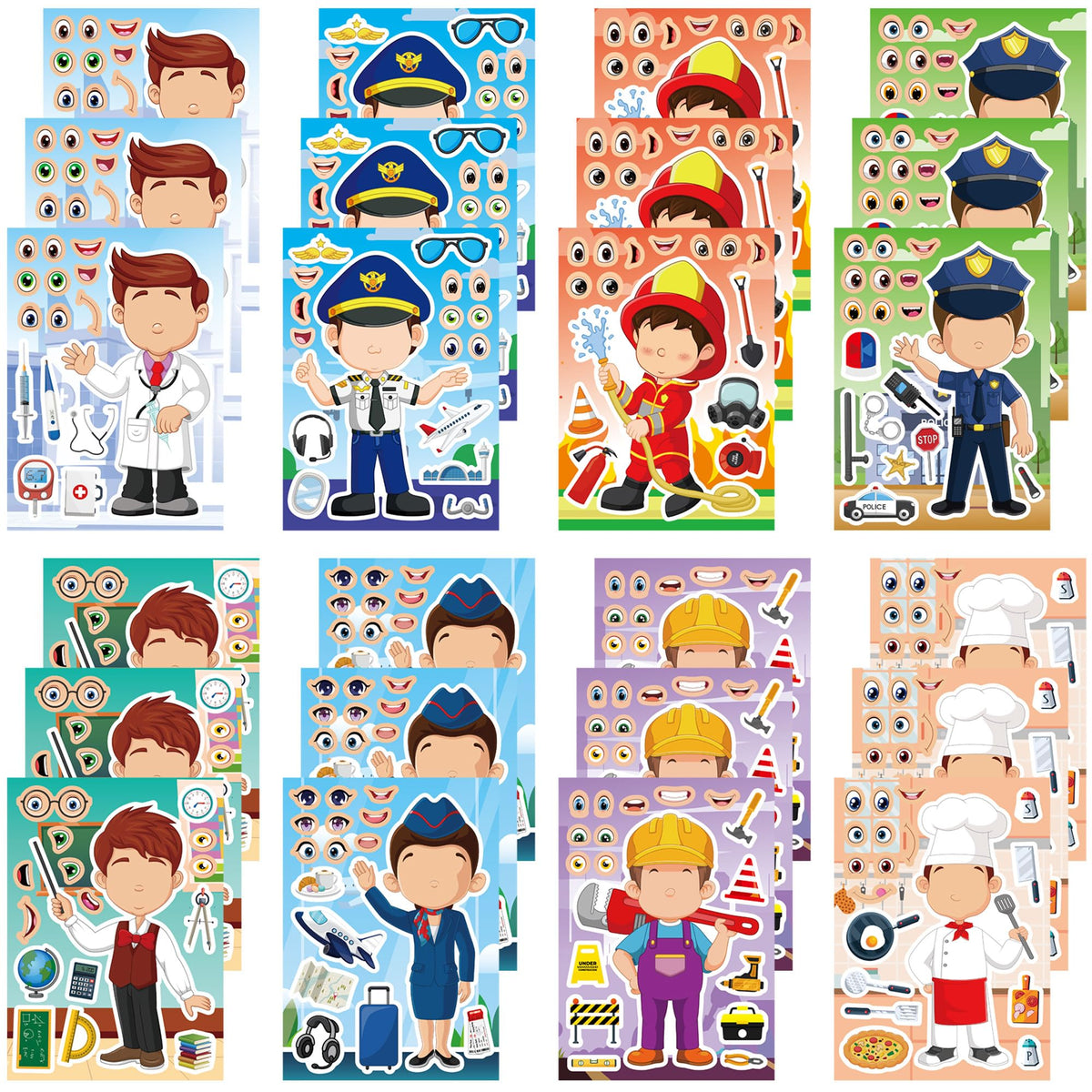 Dorgua 24 Pcs Career Make-a-Face Stickers – Doctor, Police, Firefighter, Engineer & More DIY Party Crafts