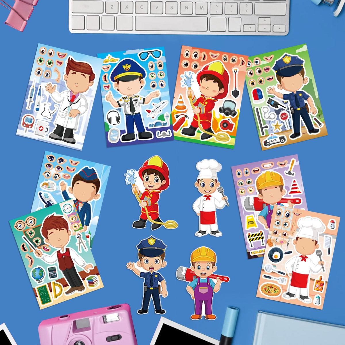 Dorgua 24 Pcs Career Make-a-Face Stickers – Doctor, Police, Firefighter, Engineer & More DIY Party Crafts