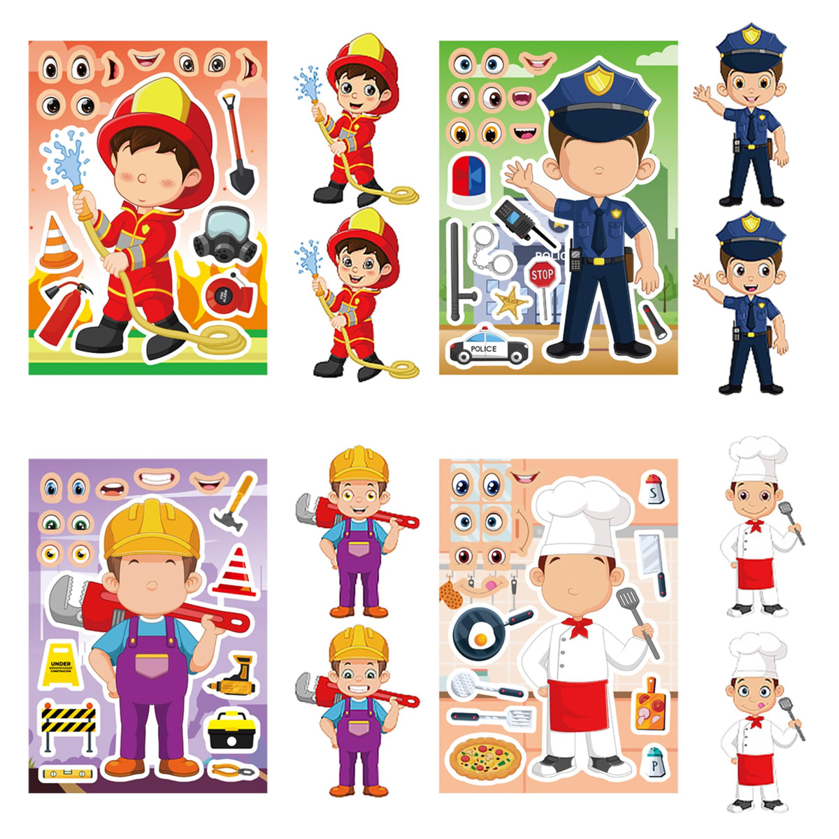 Dorgua 24 Pcs Career Make-a-Face Stickers – Doctor, Police, Firefighter, Engineer & More DIY Party Crafts