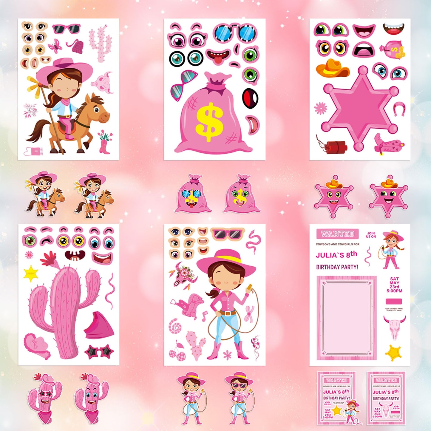 Dorgua 24 Sheets Cowgirl Make-a-Face Stickers – Pink Western DIY Crafts Kit