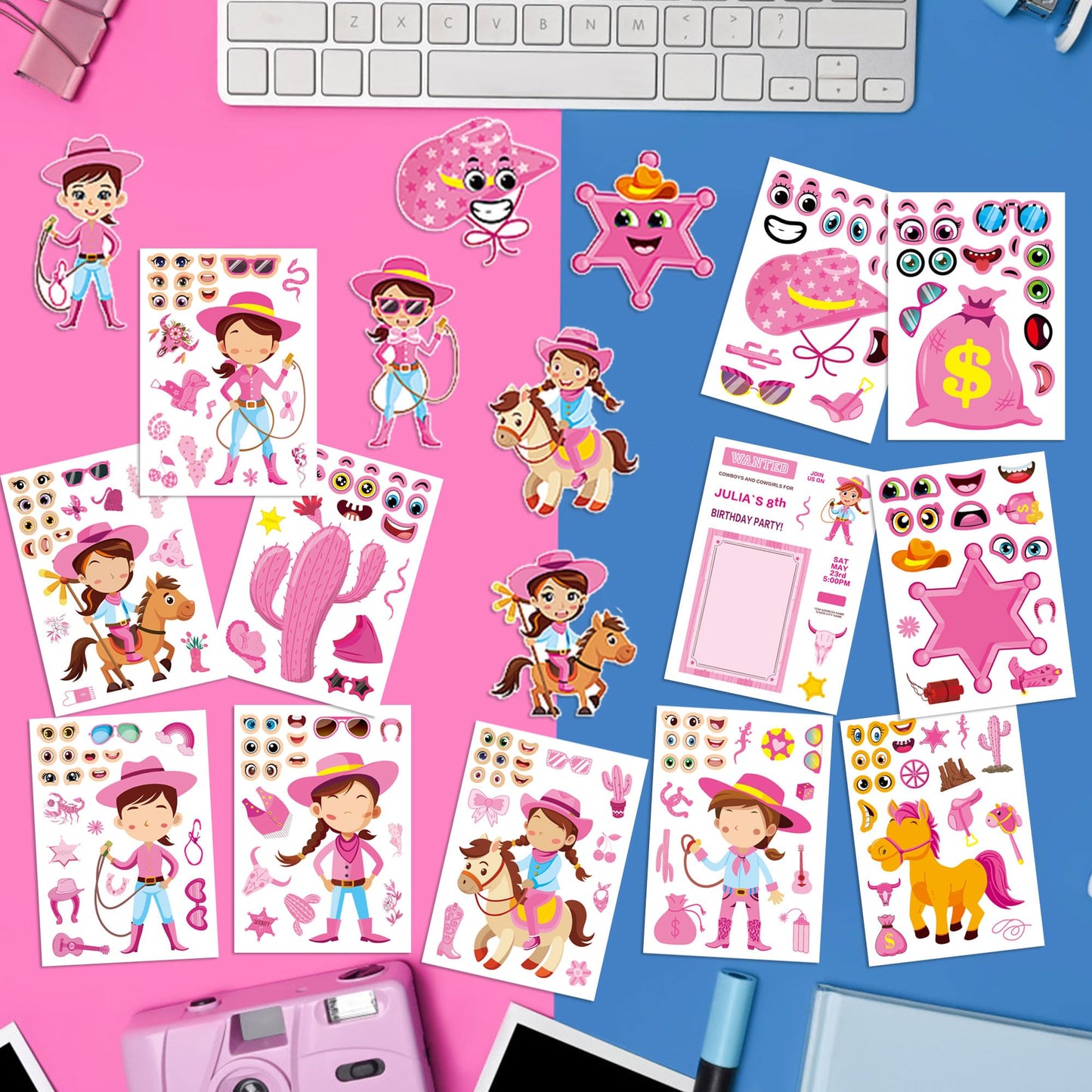 Dorgua 24 Sheets Cowgirl Make-a-Face Stickers – Pink Western DIY Crafts Kit
