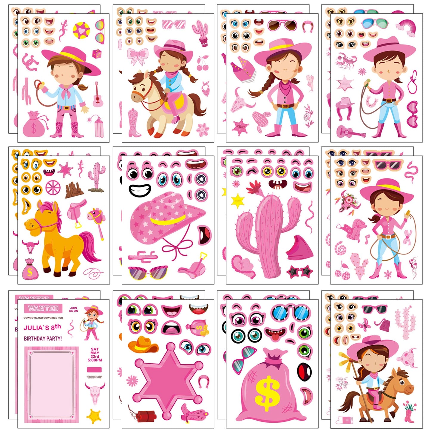 Dorgua 24 Sheets Cowgirl Make-a-Face Stickers – Pink Western DIY Crafts Kit