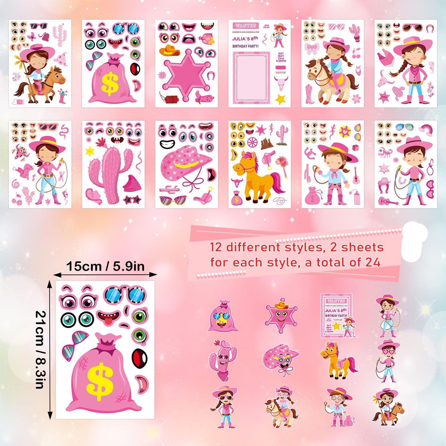 Dorgua 24 Sheets Cowgirl Make-a-Face Stickers – Pink Western DIY Crafts Kit