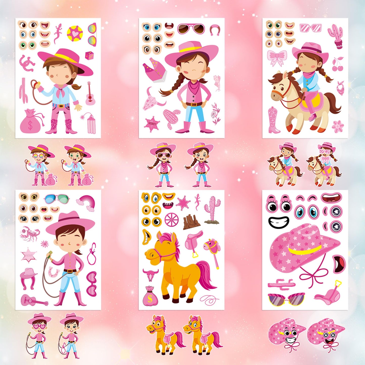 Dorgua 24 Sheets Cowgirl Make-a-Face Stickers – Pink Western DIY Crafts Kit