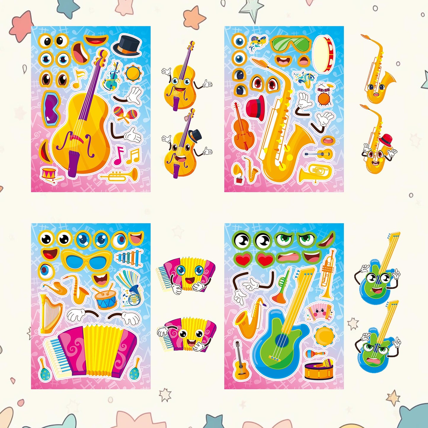 Dorgua Make-a-Face Instrument Stickers — 24 Sheets DIY Music Decor