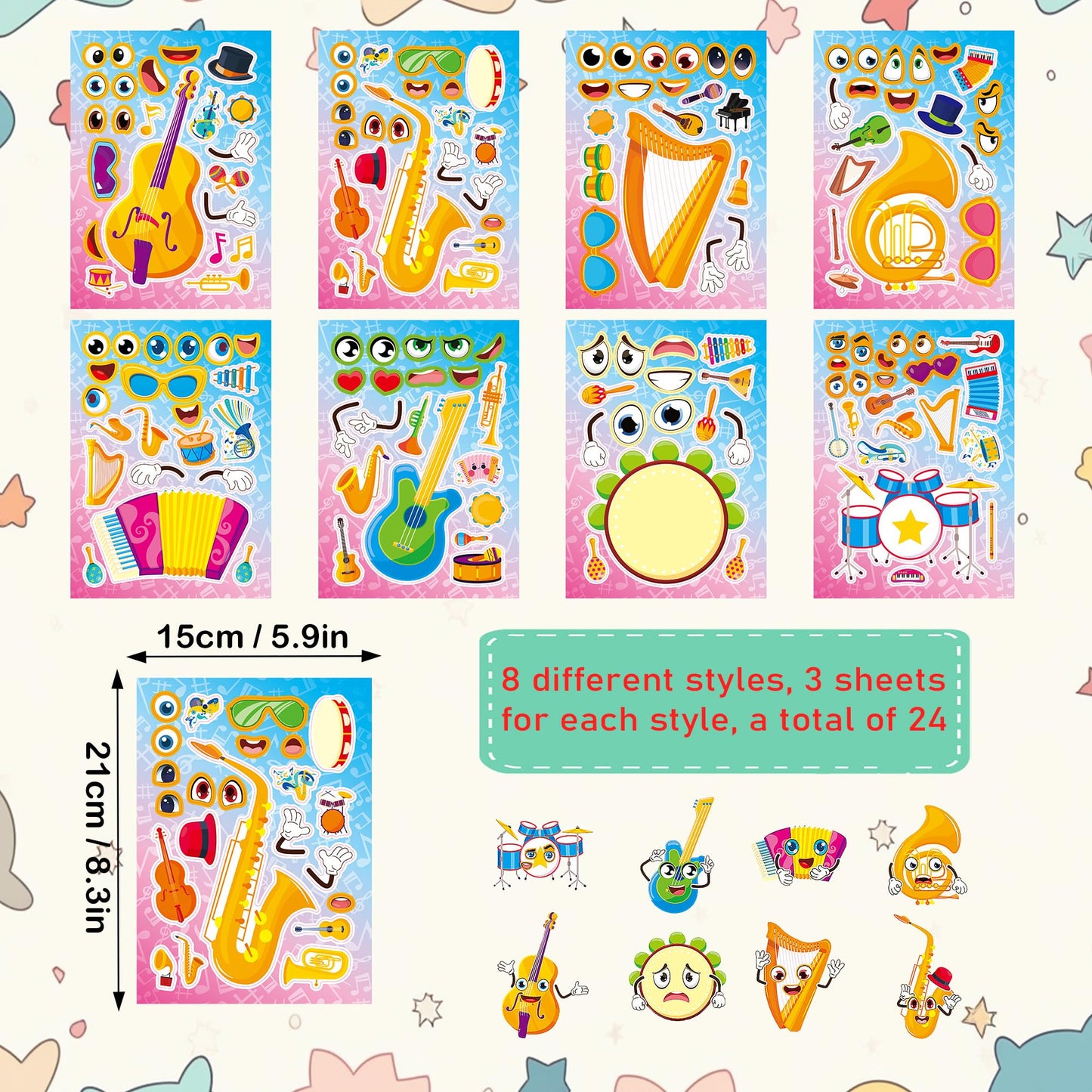 Dorgua Make-a-Face Instrument Stickers — 24 Sheets DIY Music Decor