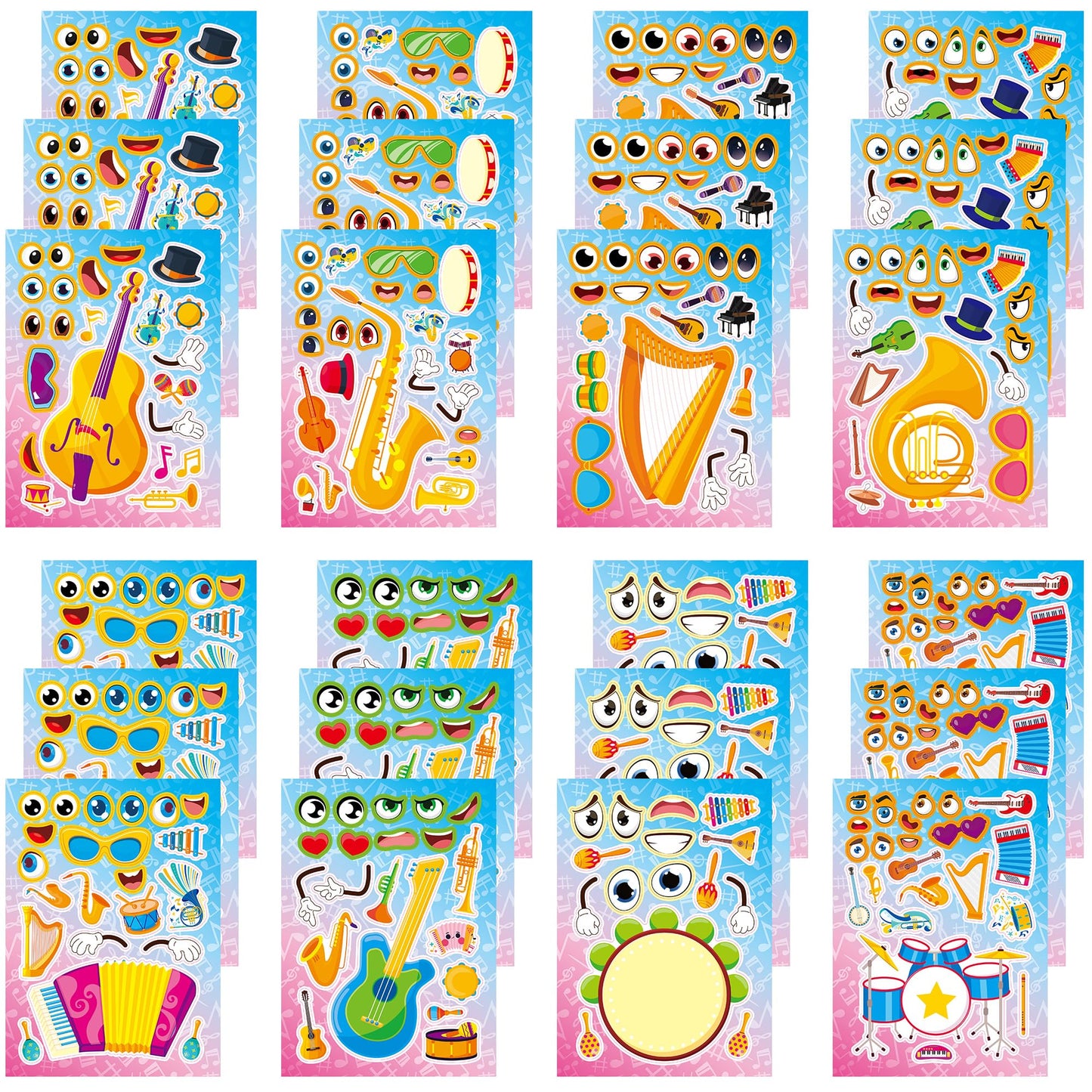 Dorgua Make-a-Face Instrument Stickers — 24 Sheets DIY Music Decor