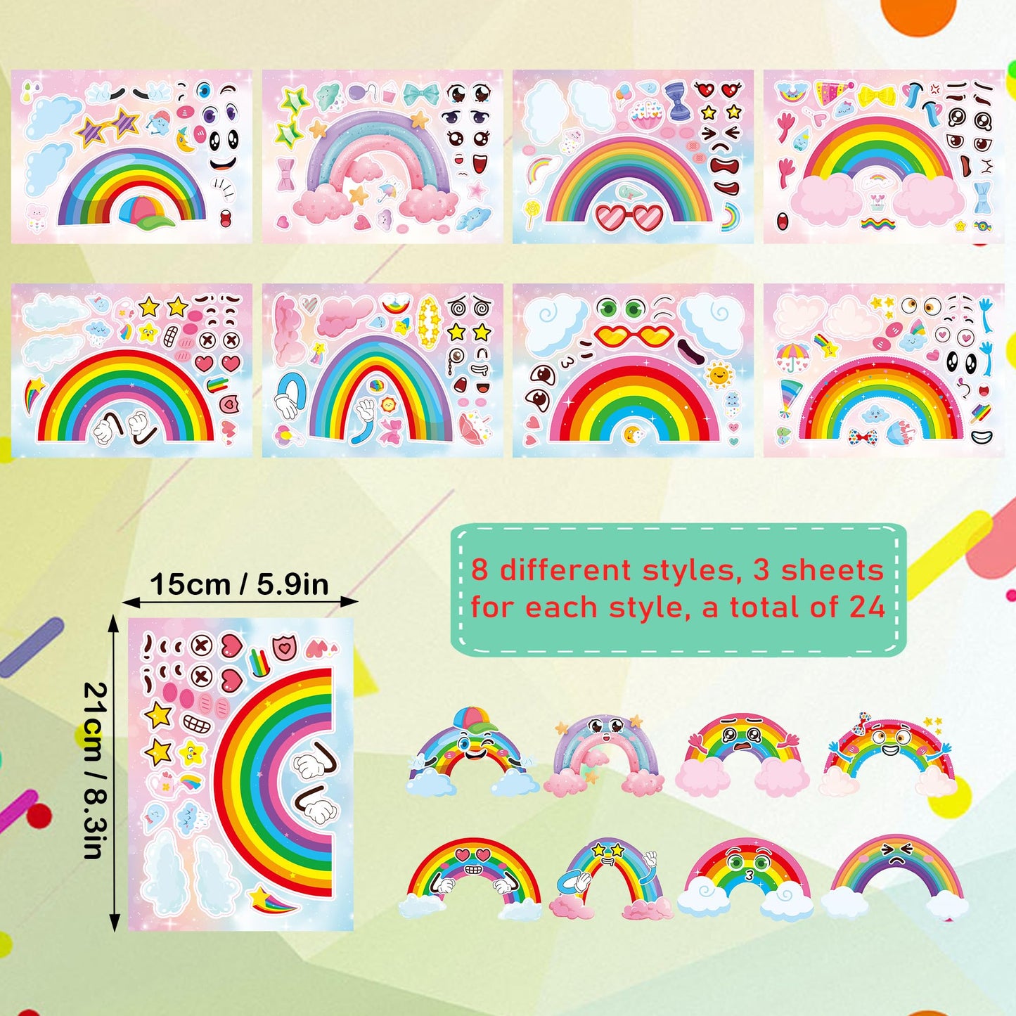 Dorgua Rainbow Make a Face Stikers – 24 Sheets, 8 Designs for DIY Party & Classroom Decor