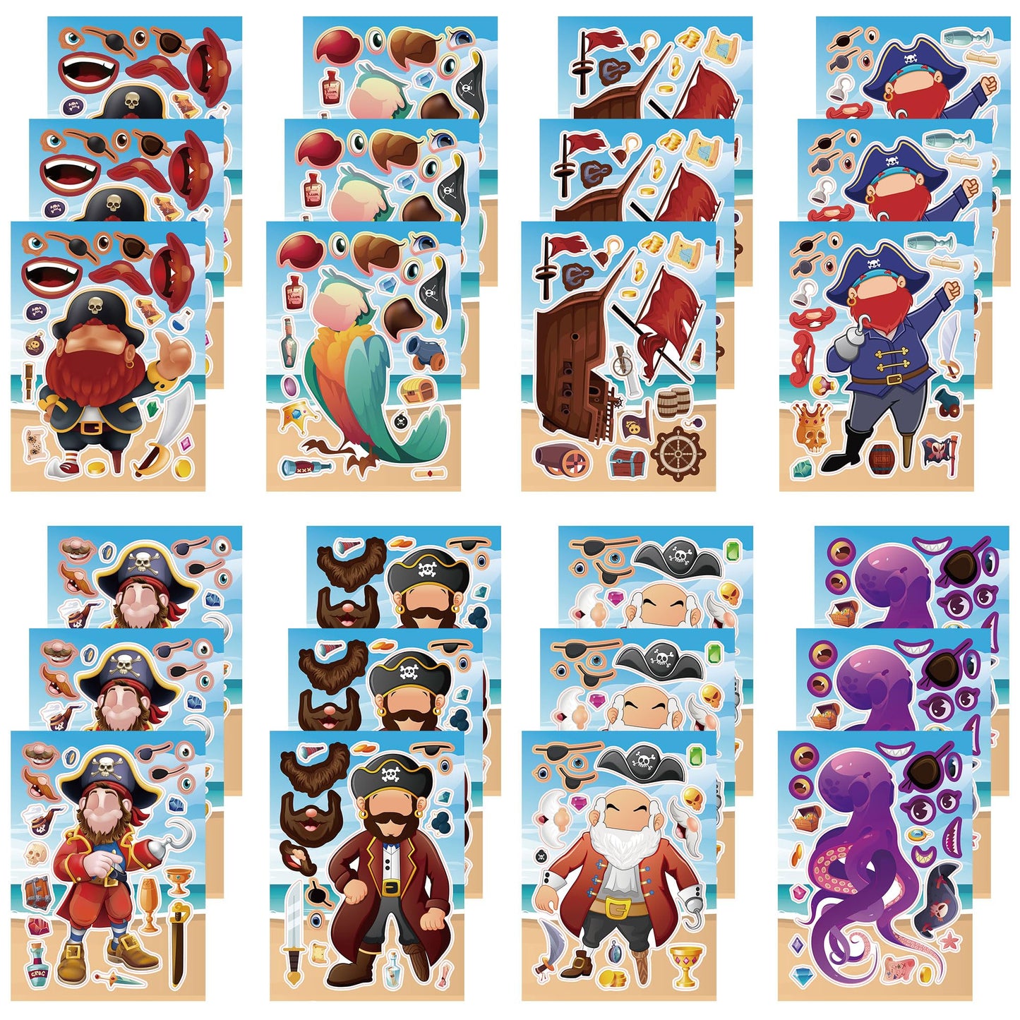 Dorgua 24 Sheets Pirate Make-a-Face Stickers – DIY Pirate Party & Classroom Decor