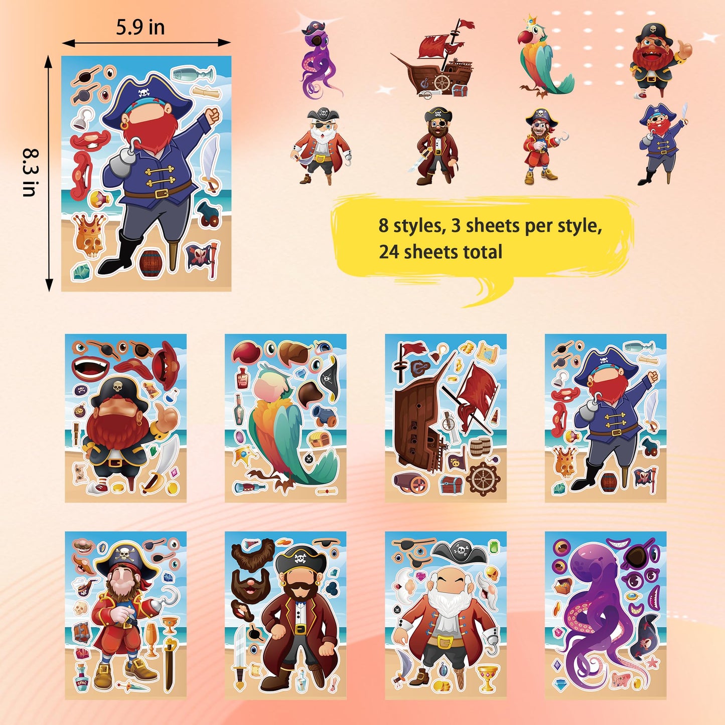Dorgua 24 Sheets Pirate Make-a-Face Stickers – DIY Pirate Party & Classroom Decor