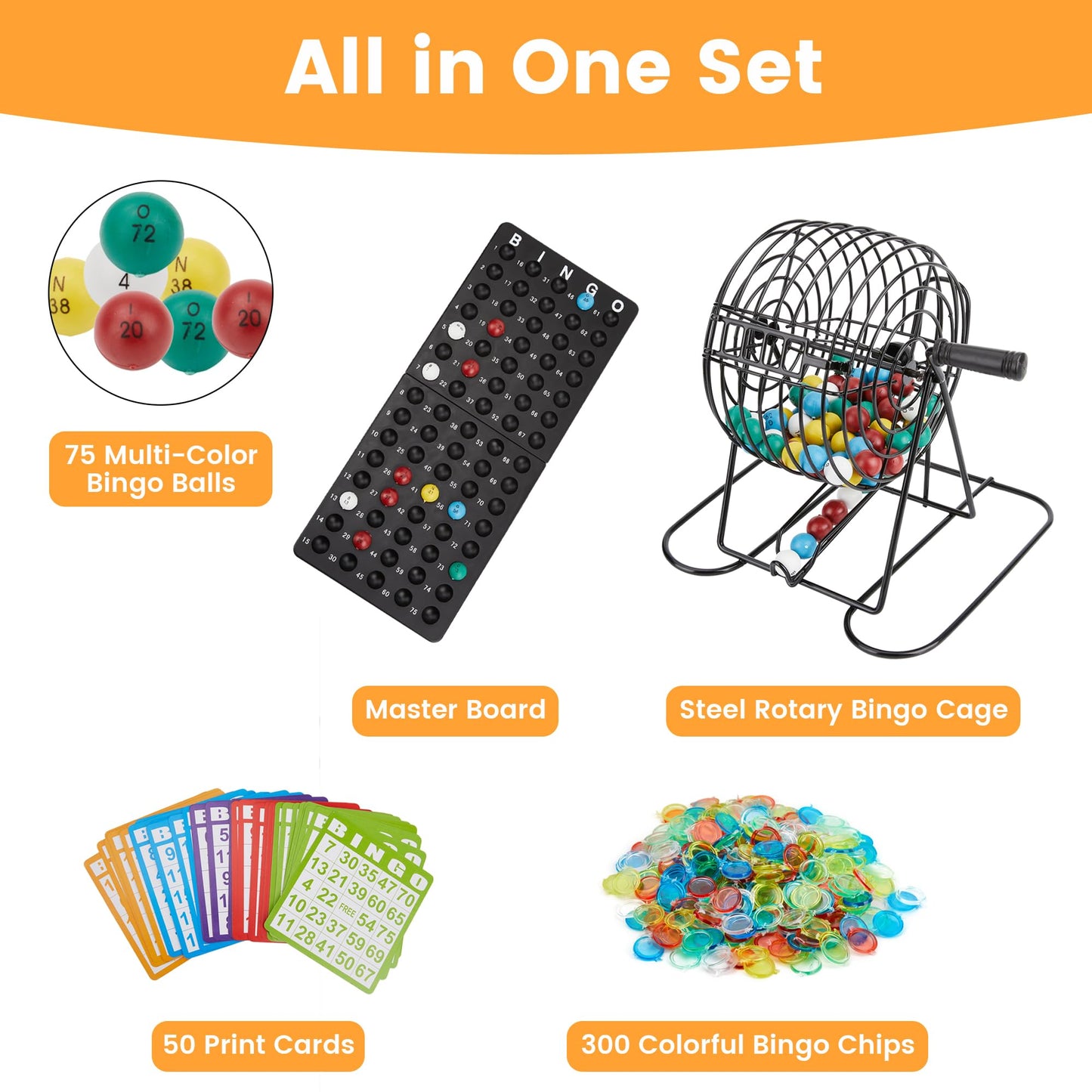 Dormercy Bingo Game Set – Complete 6-inch Steel Cage Kit with 75 Balls, 50 Cards, 300 Chips