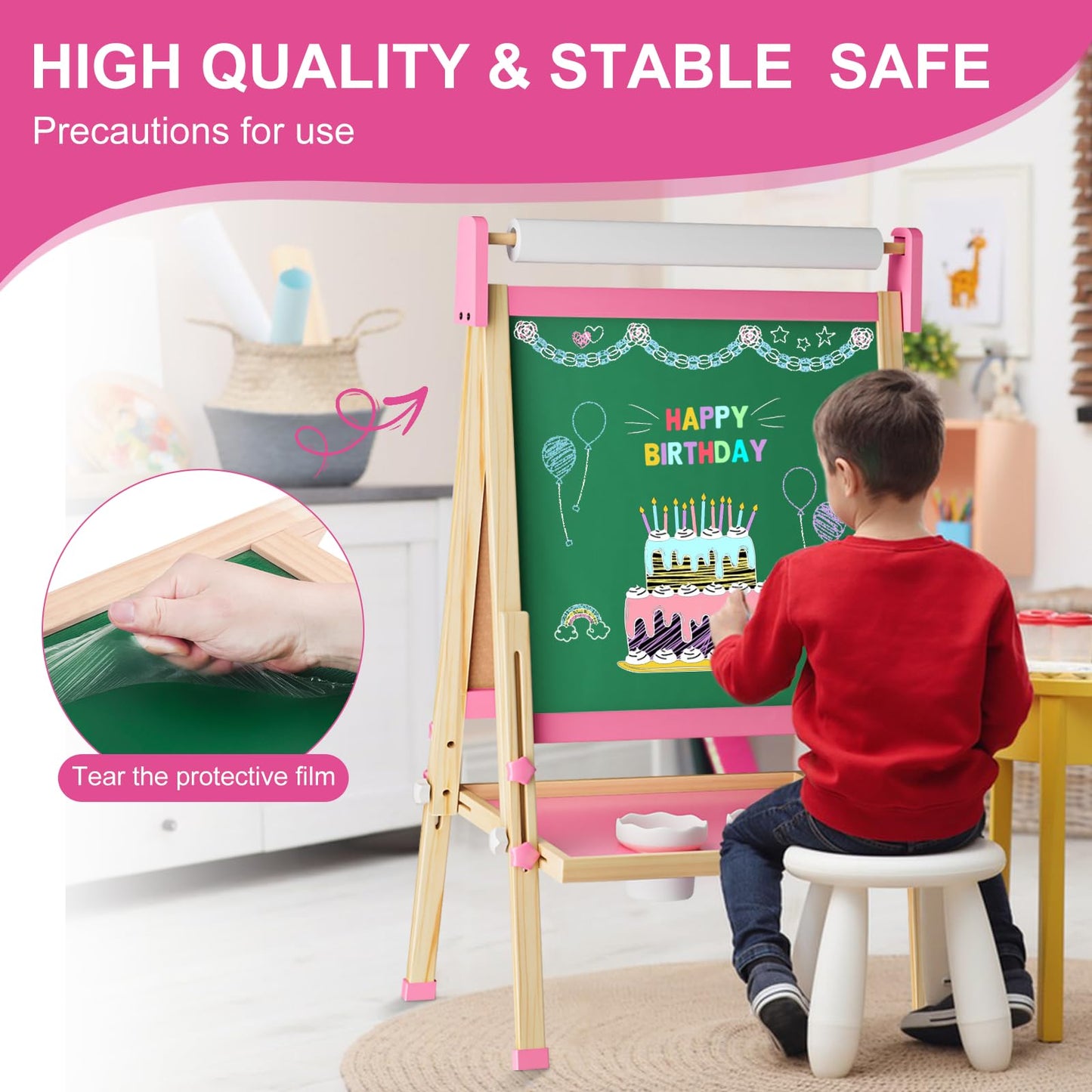 Doselie Adjustable Wooden Kids Easel — Magnetic Whiteboard & Chalkboard with All-in-One Art Set
