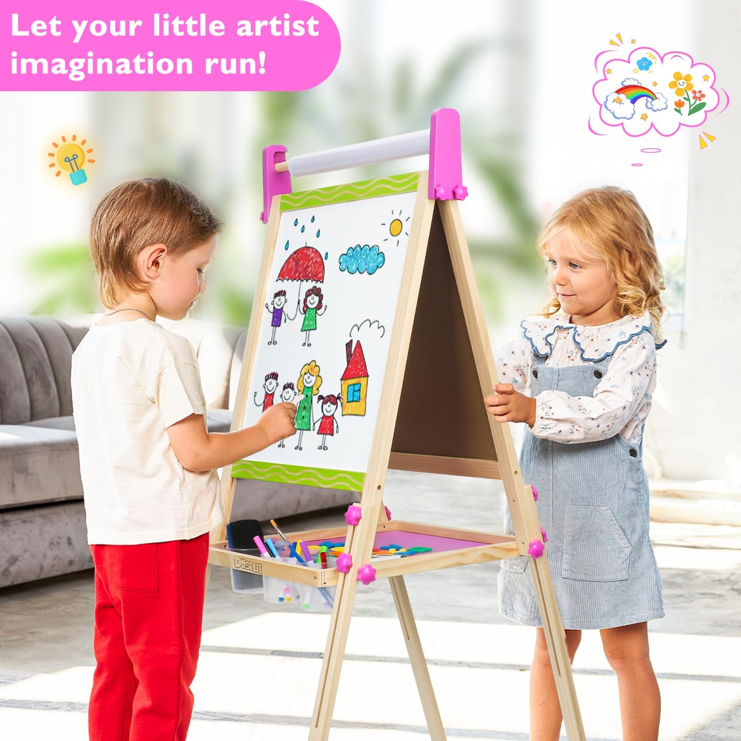 Doselie Kids Easel – Adjustable Double-Sided Magnetic Art Easel with Paper Roll