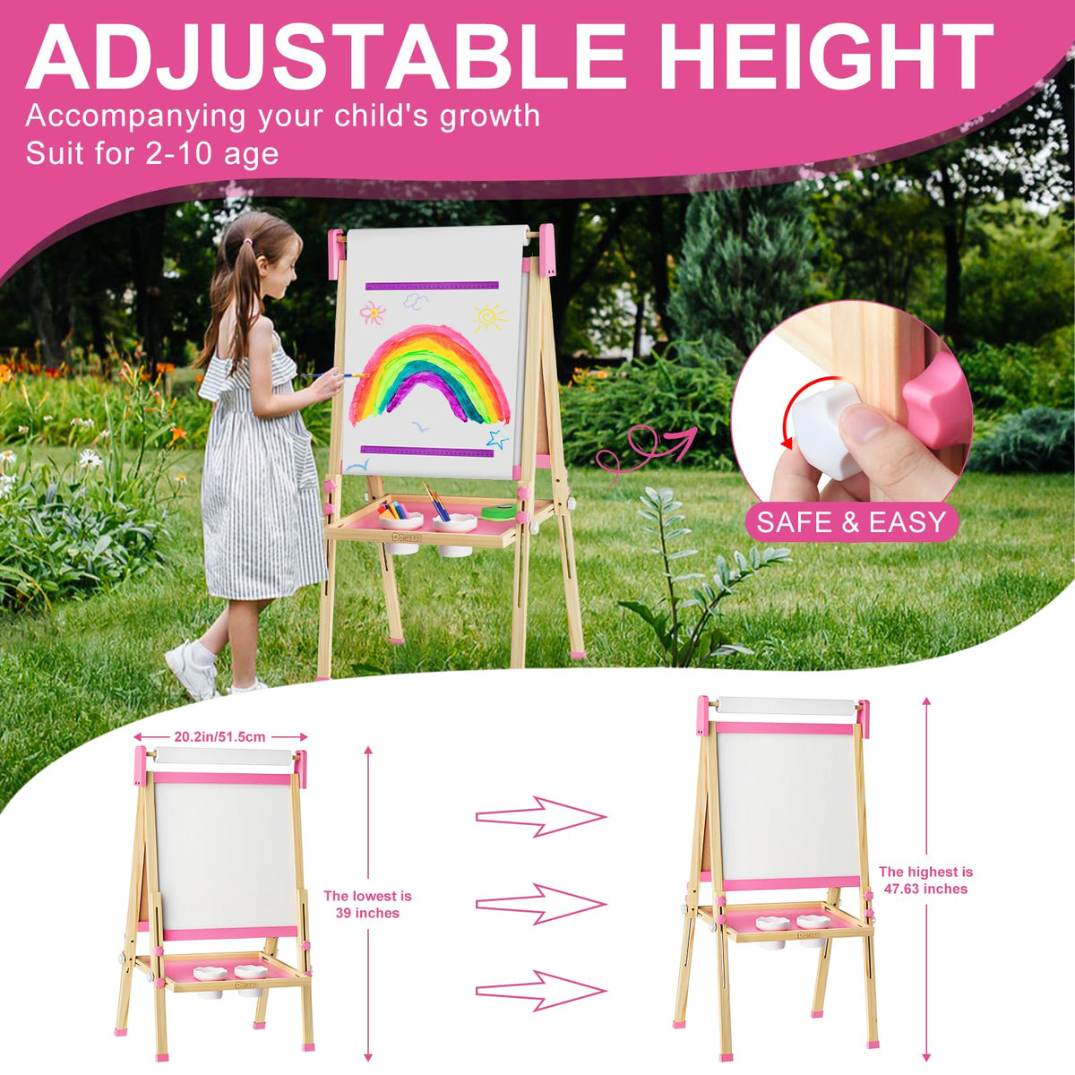 Doselie Adjustable Wooden Kids Easel — Magnetic Whiteboard & Chalkboard with All-in-One Art Set