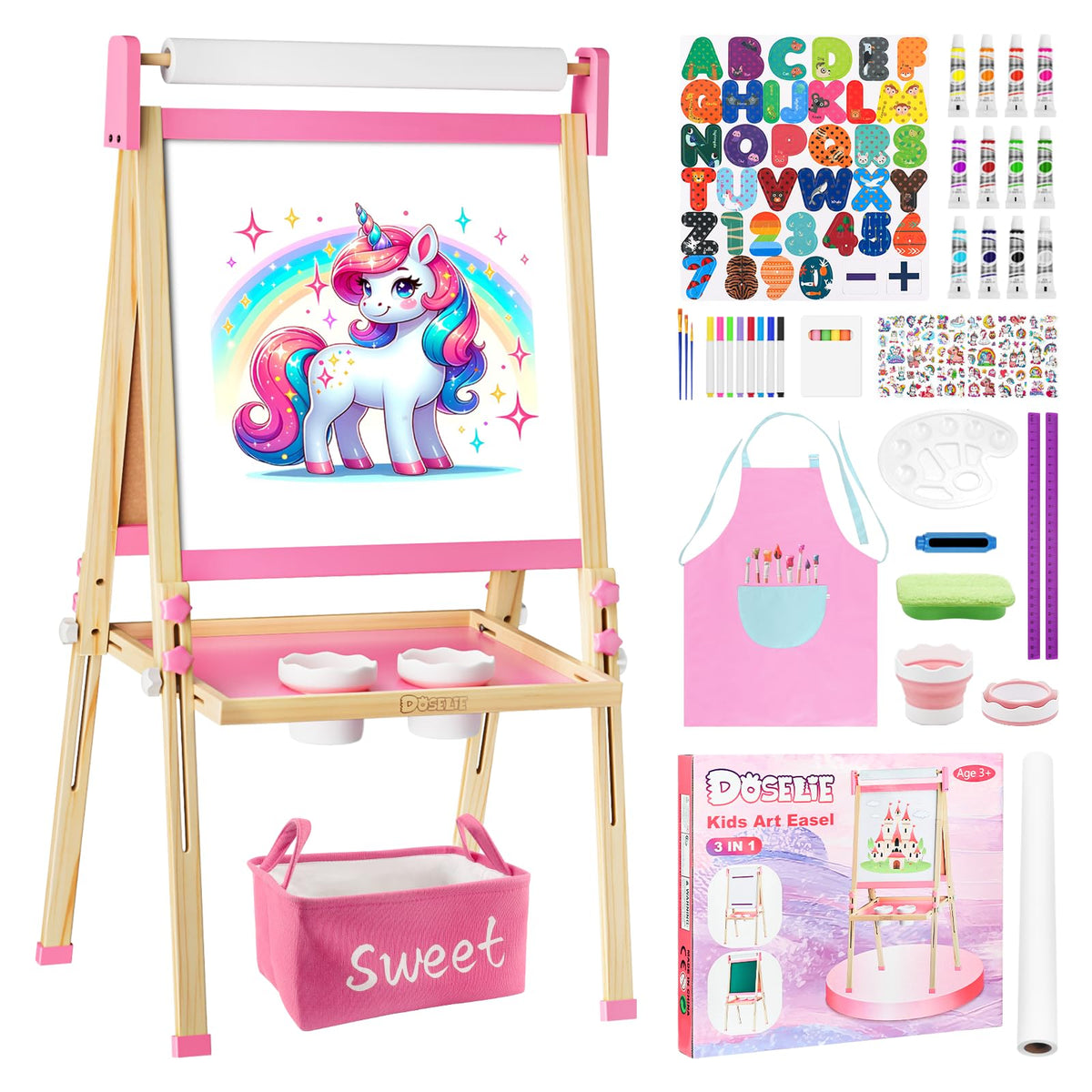 Doselie Adjustable Wooden Kids Easel — Magnetic Whiteboard & Chalkboard with All-in-One Art Set