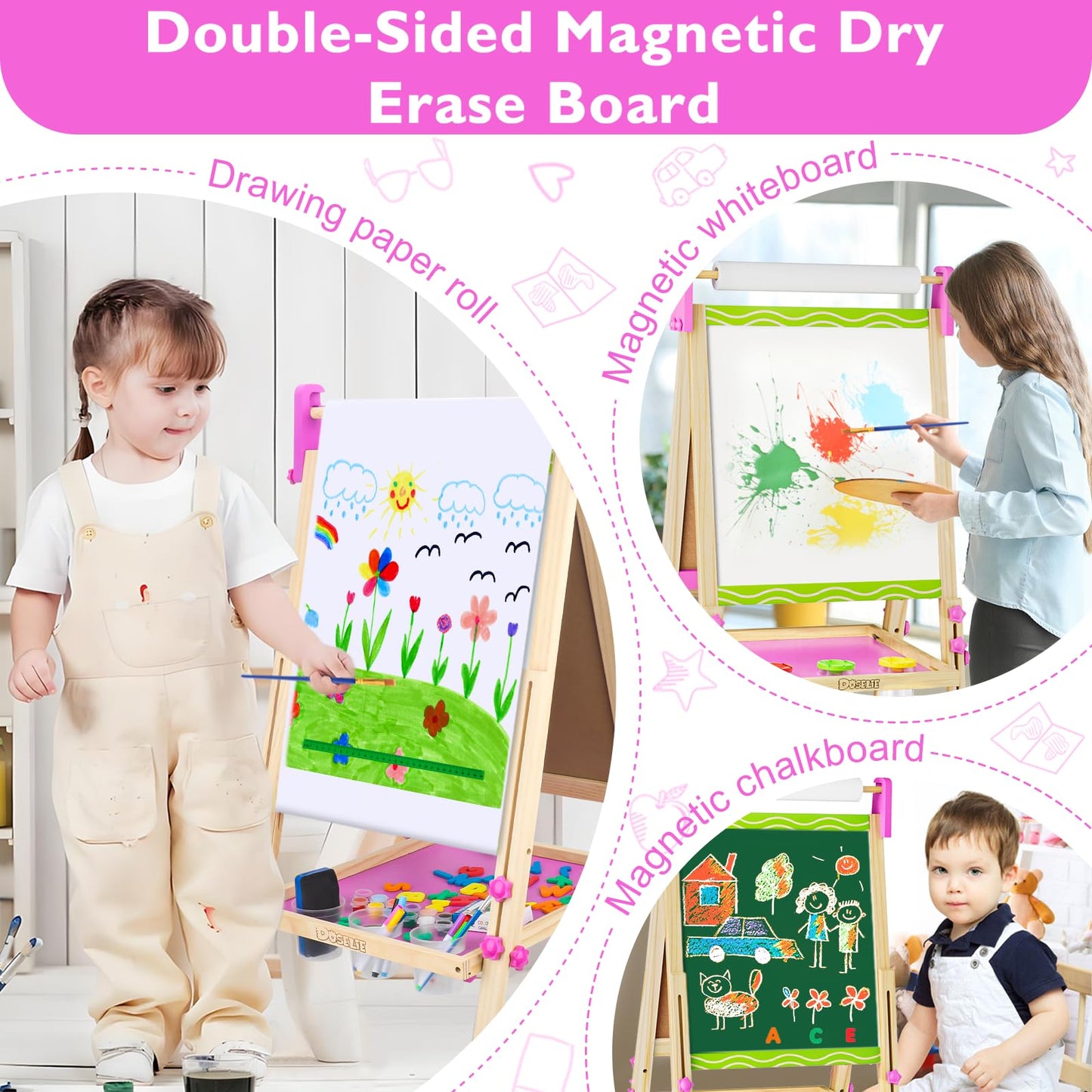 Doselie Kids Easel – Adjustable Double-Sided Magnetic Art Easel with Paper Roll