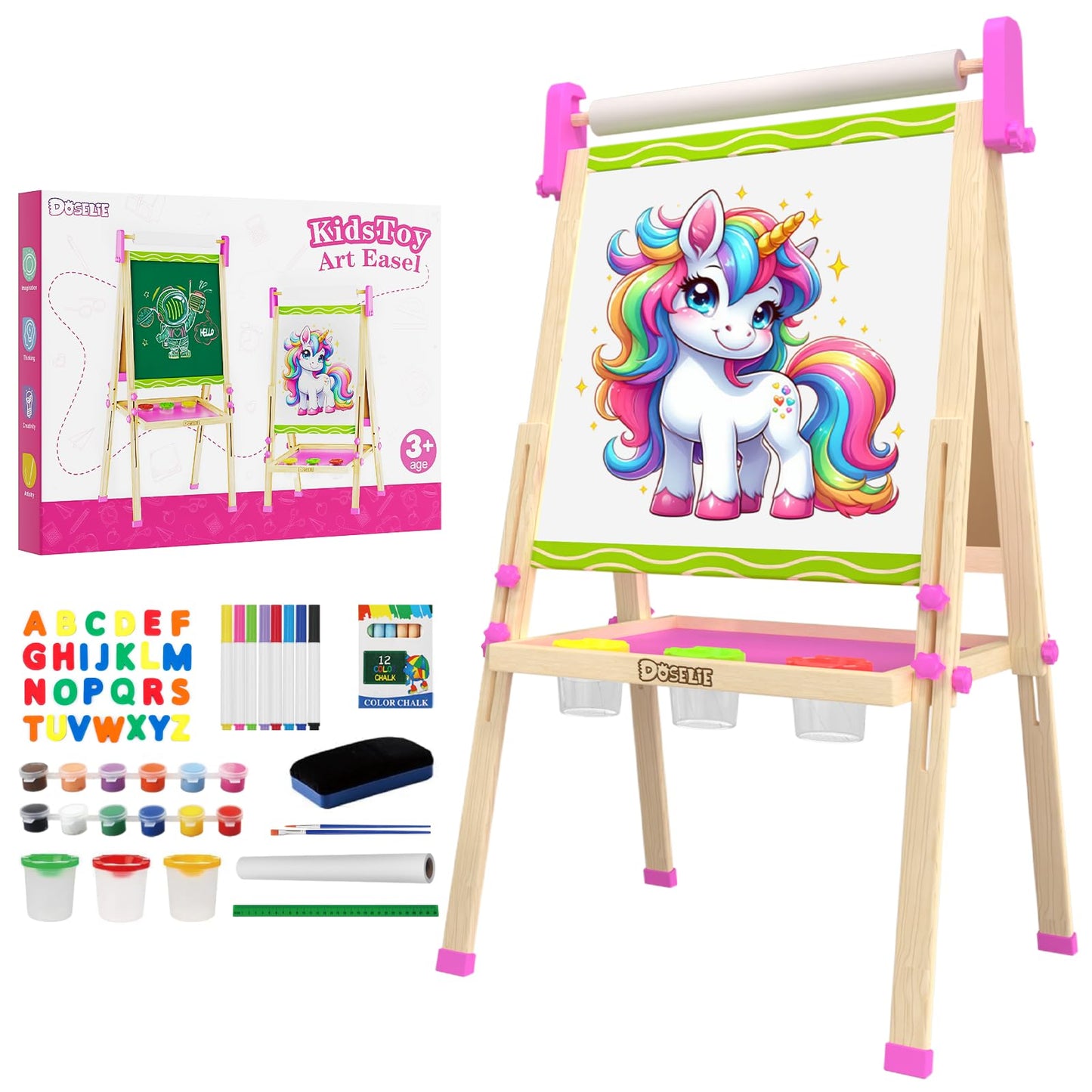 Doselie Kids Easel – Adjustable Double-Sided Magnetic Art Easel with Paper Roll