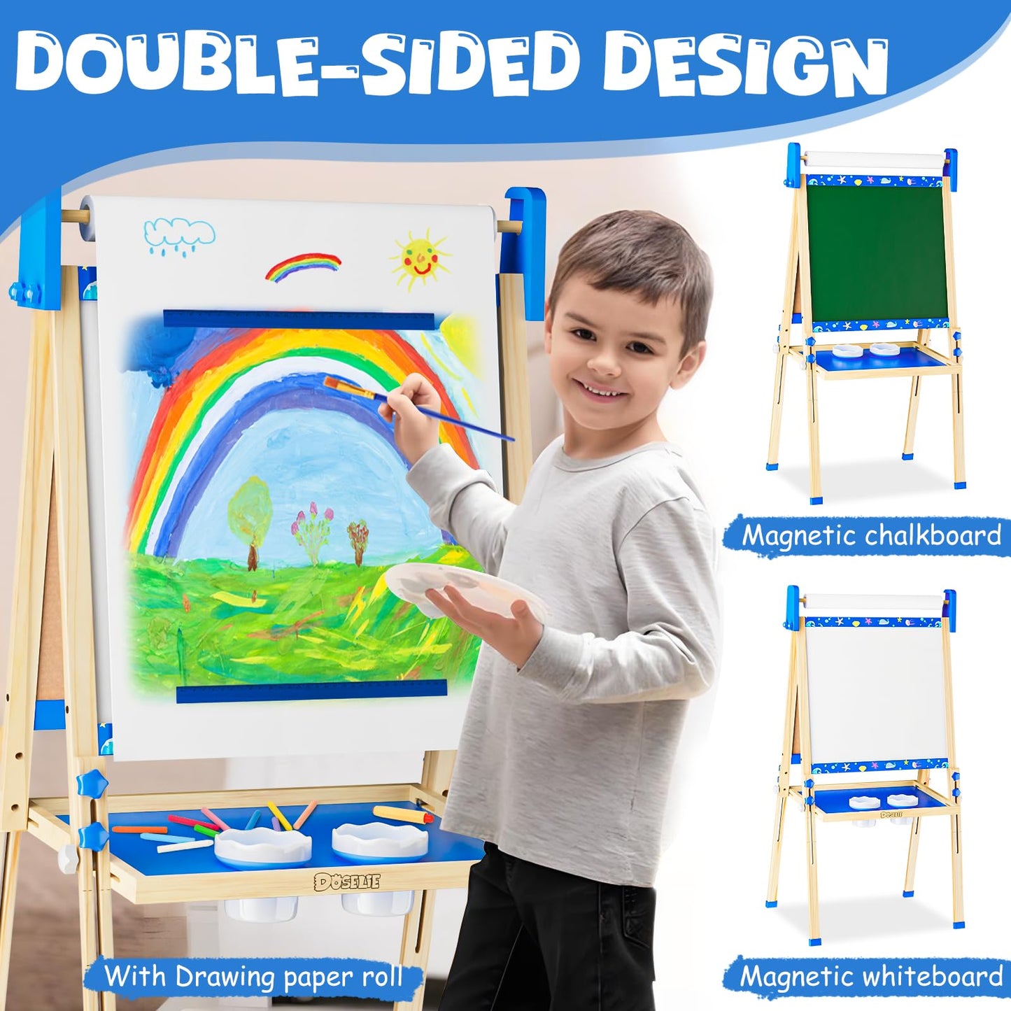 Doselie Kids Easel – Adjustable Wooden Art Easel with Magnetic Whiteboard & Chalkboard