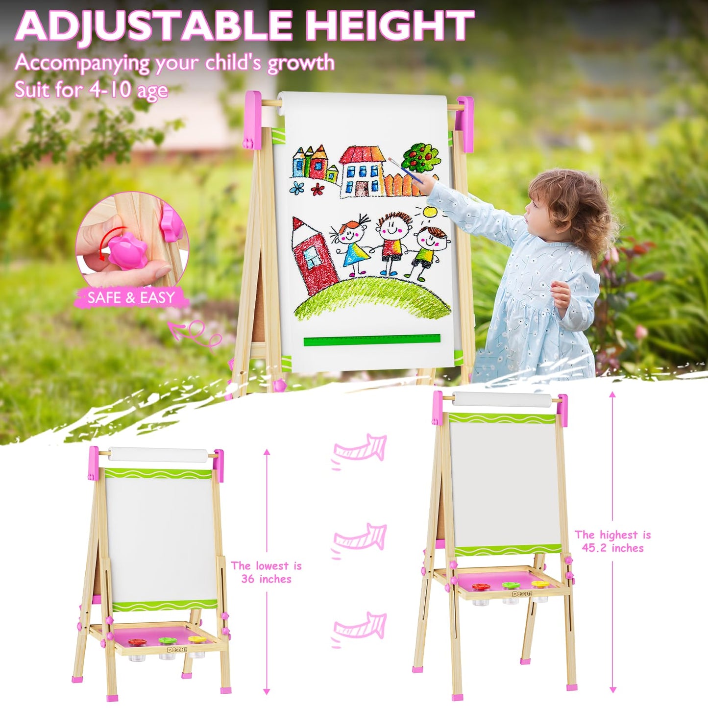 Doselie Kids Easel – Adjustable Double-Sided Magnetic Art Easel with Paper Roll