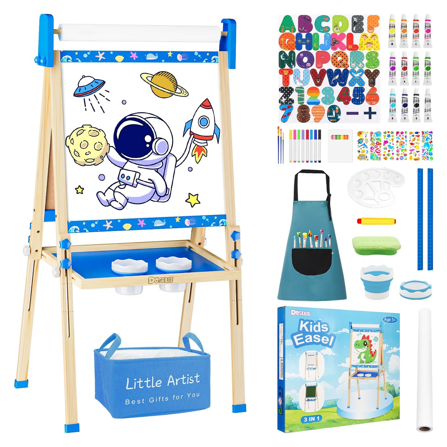 Doselie Kids Easel – Adjustable Wooden Art Easel with Magnetic Whiteboard & Chalkboard